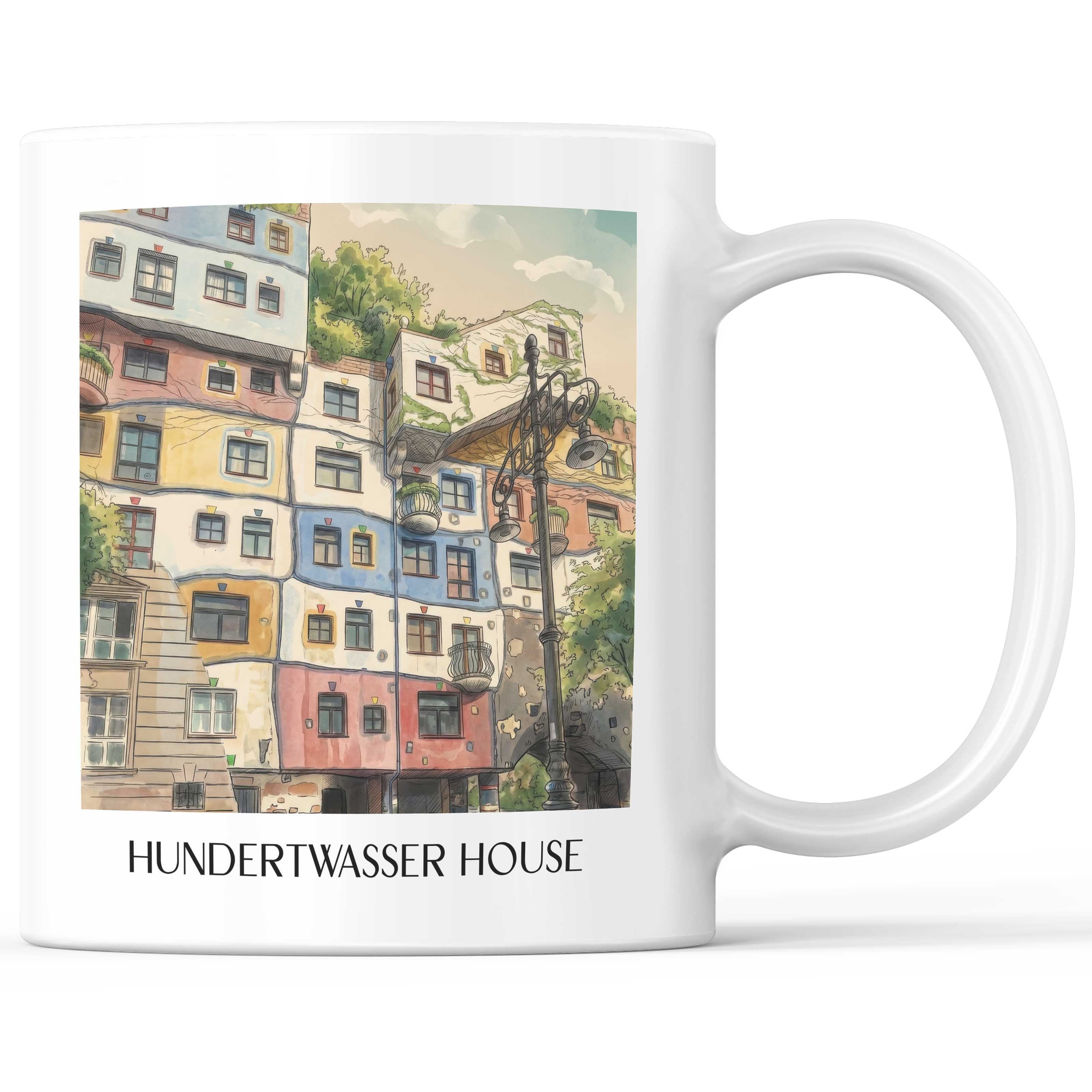 Hundertwasserhaus Kaffeebecher - Wien - Österreich Becher - Kaffeetasse im Aquarell Stil - favplace