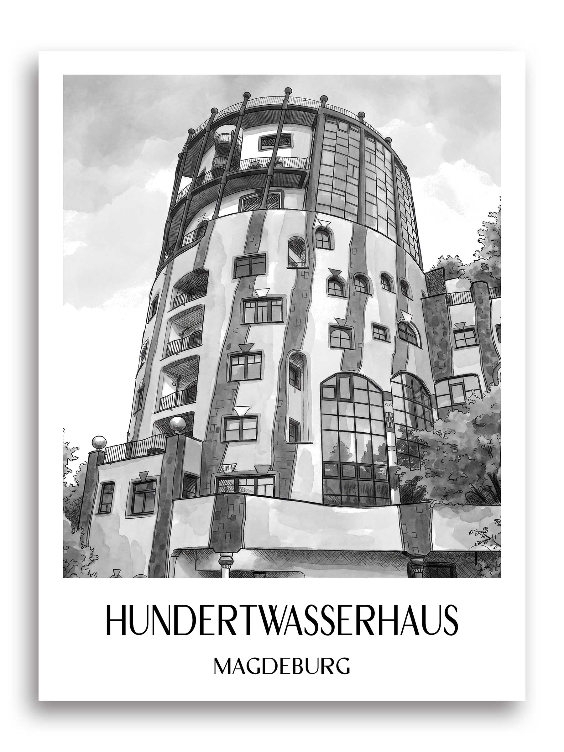 hundertwasserhaus-magdeburg-deutschland-poster-aquarell-schwarz-weiss