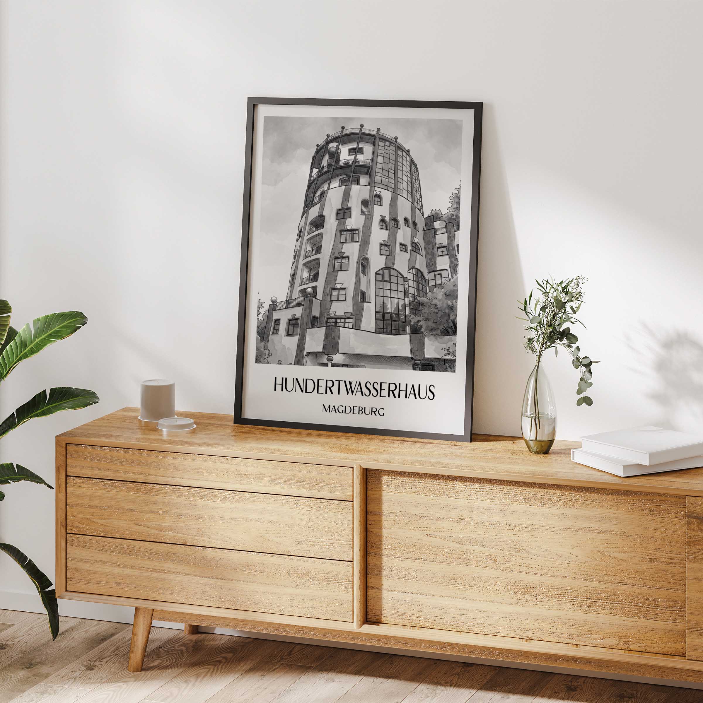 hundertwasserhaus-magdeburg-deutschland-poster-aquarell-schwarz-weiss