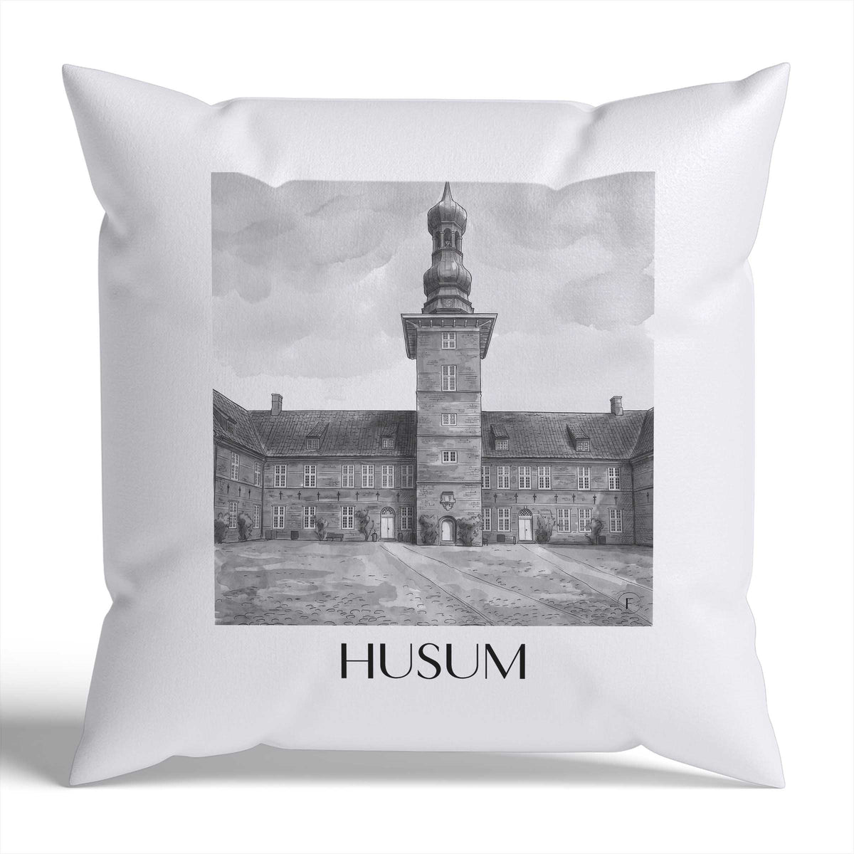 Husum Kissenhülle - Zierkissen Bezug - Schleswig - Deutschland Kissen bzw. Kissenbezug im Aquarell Schwarz-Weiß Stil - favplace
