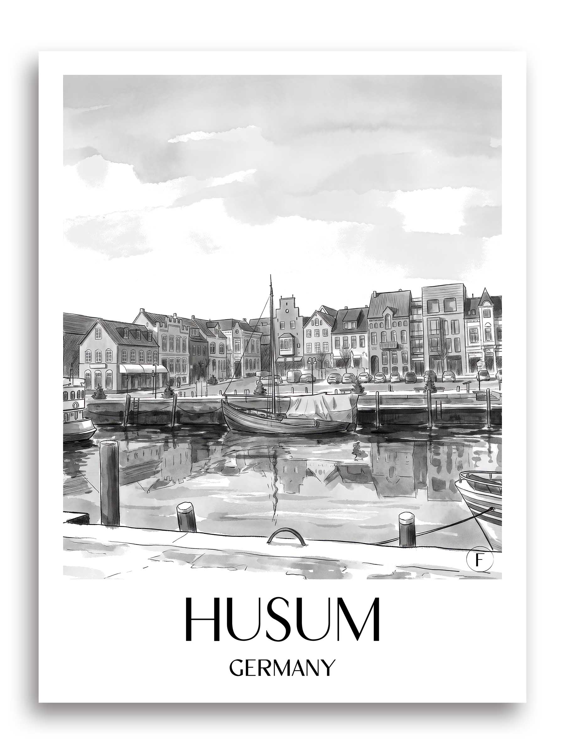 Husum Poster - Nordfriesland - Deutschland Kunstdruck - Aquarell Schwarz-Weiß von A4 bis A1