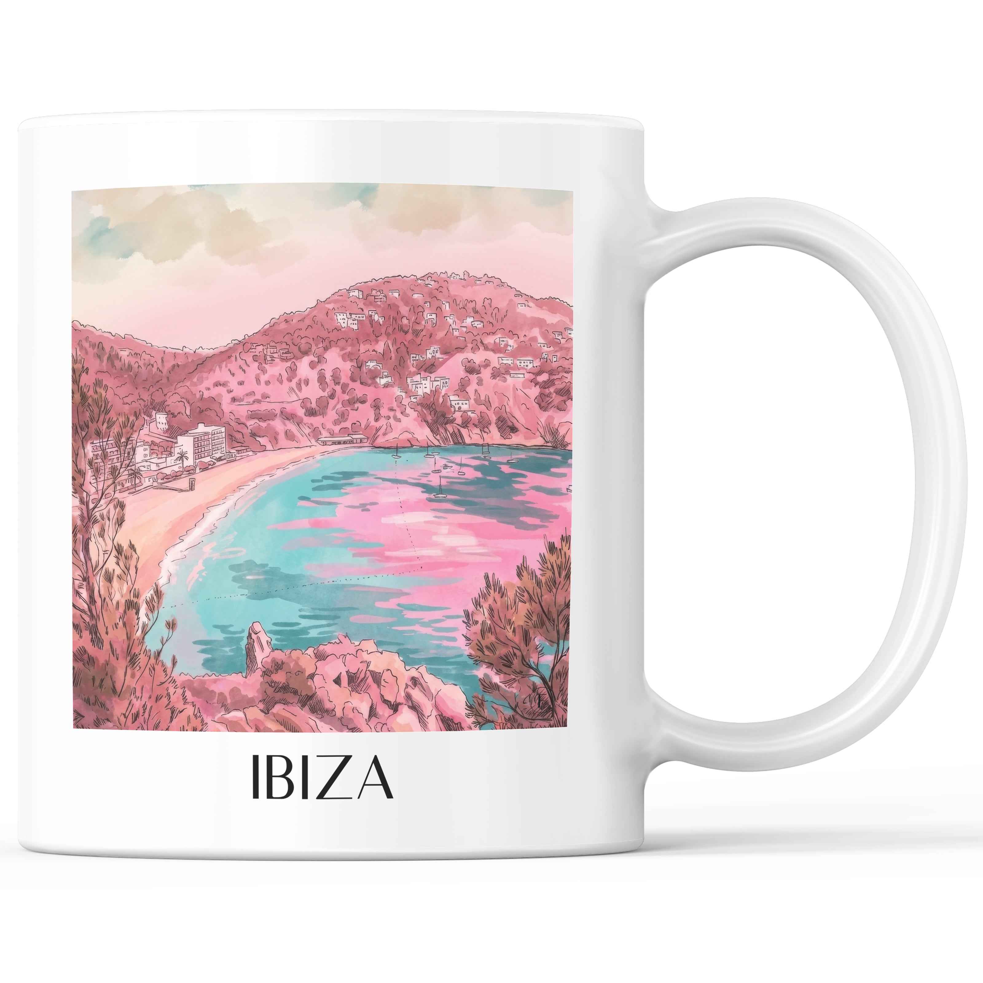 Ibiza Kaffeebecher - Spanien - Spanien und Spanien Becher - Kaffeetasse im Aquarell Pink Stil - favplace
