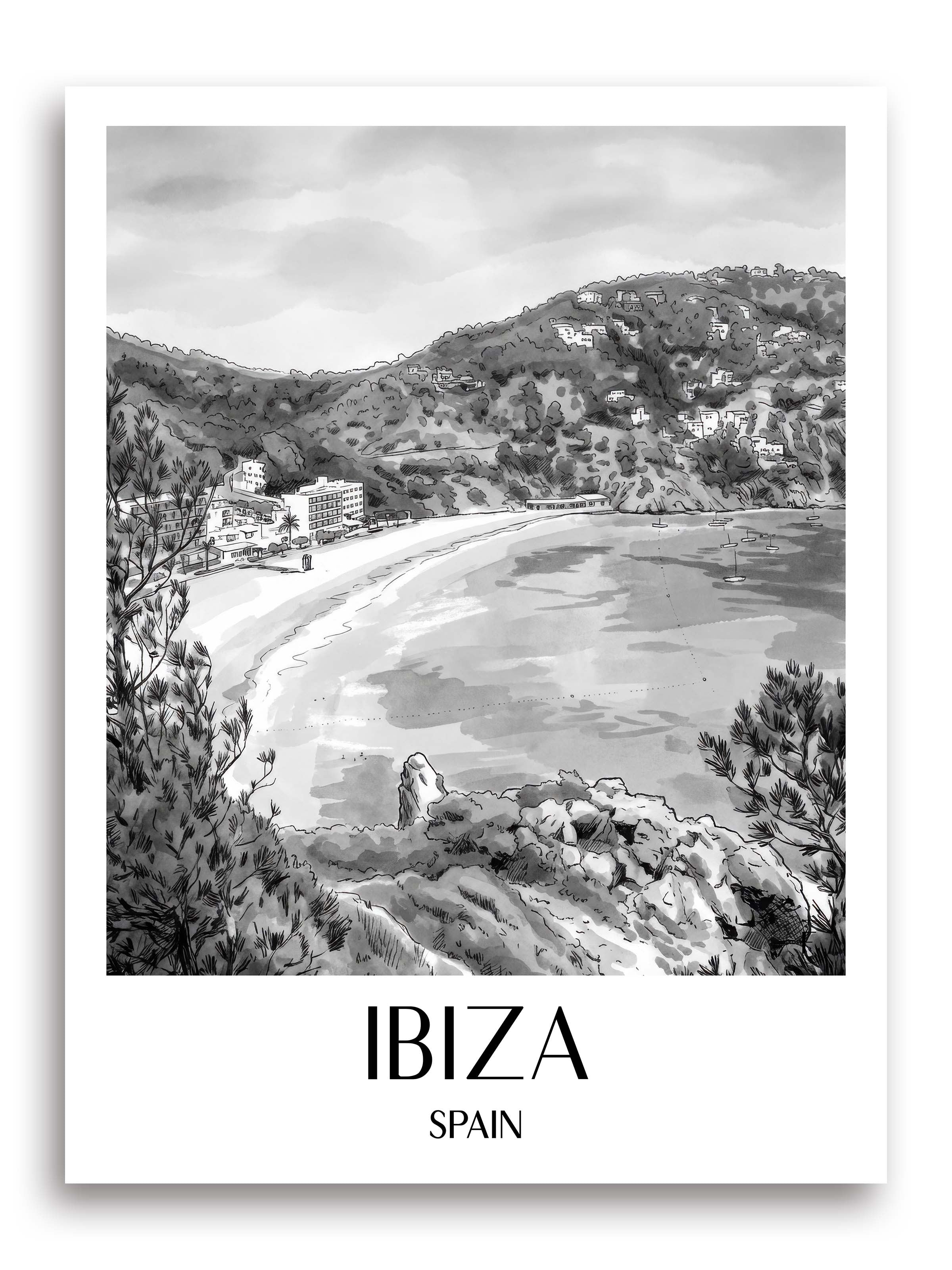 Ibiza Poster - Spanien - Spanien Kunstdruck - Aquarell Schwarz-Weiß von A4 bis A1 - favplace