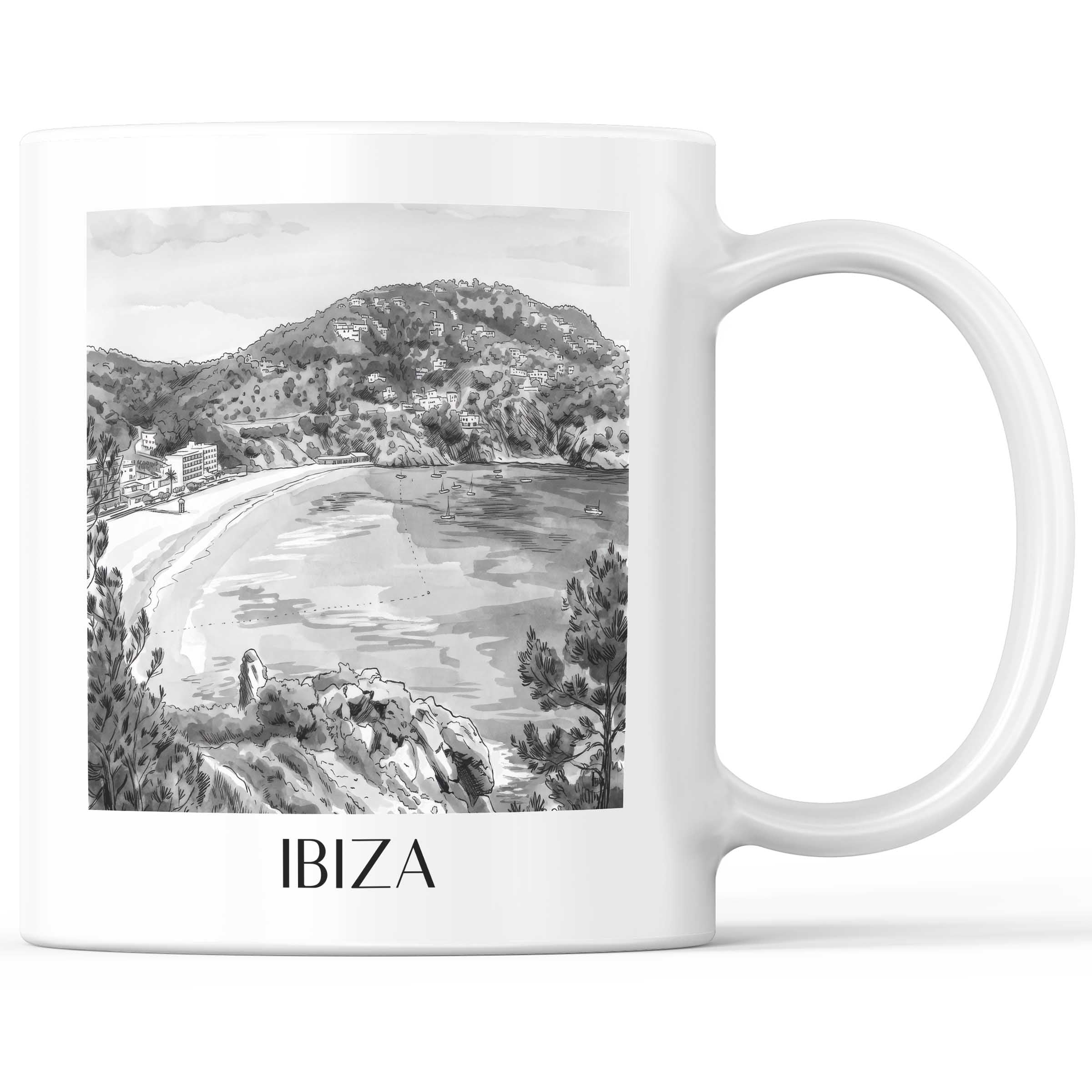 Ibiza - Spanien Becher - Kaffeetasse im Aquarell Schwarz-Weiß Stil - favplace