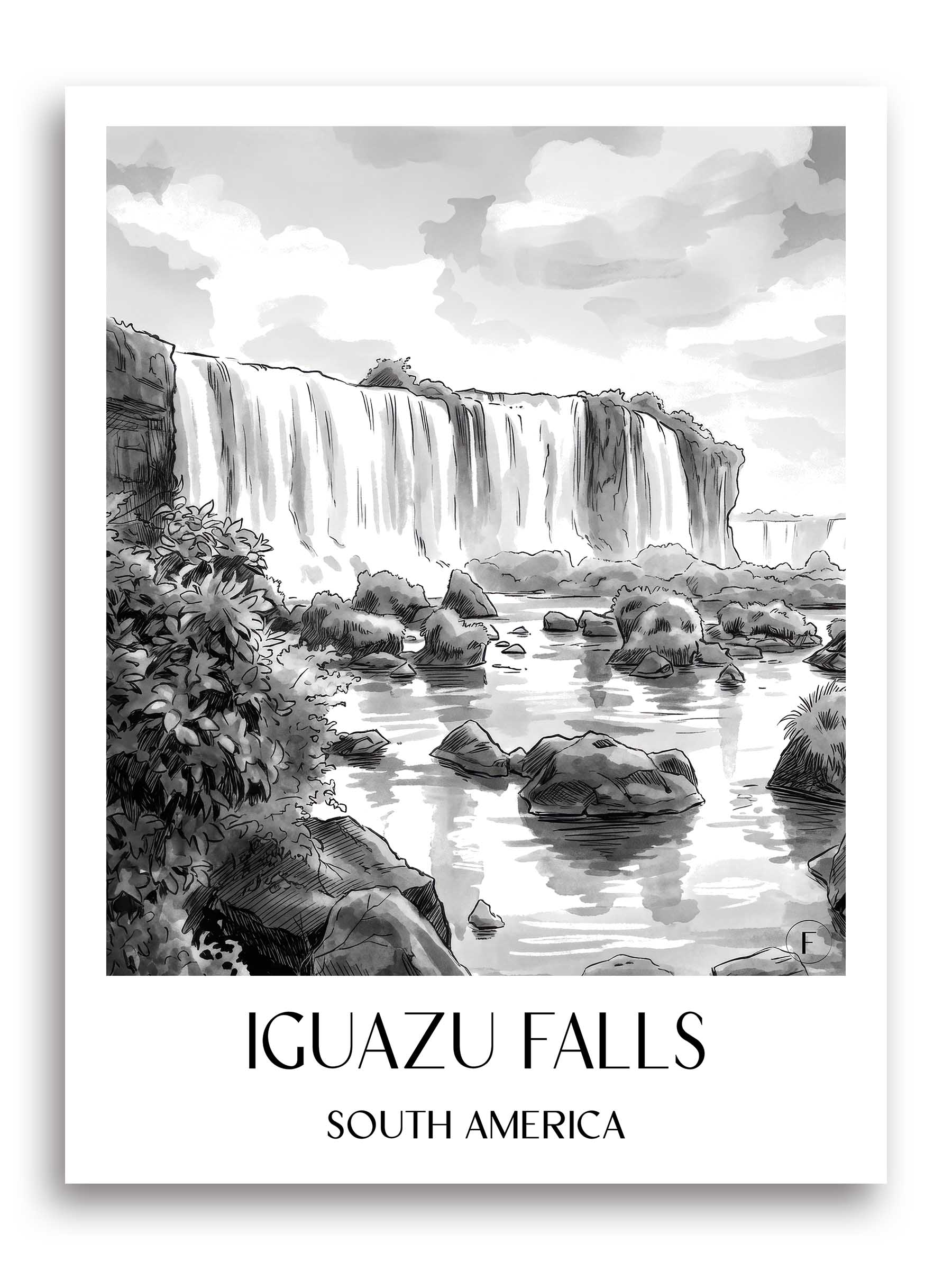 Iguazú Wasserfälle Poster - - Südamerika Kunstdruck - Aquarell Schwarz-Weiß von A4 bis A1 - favplace