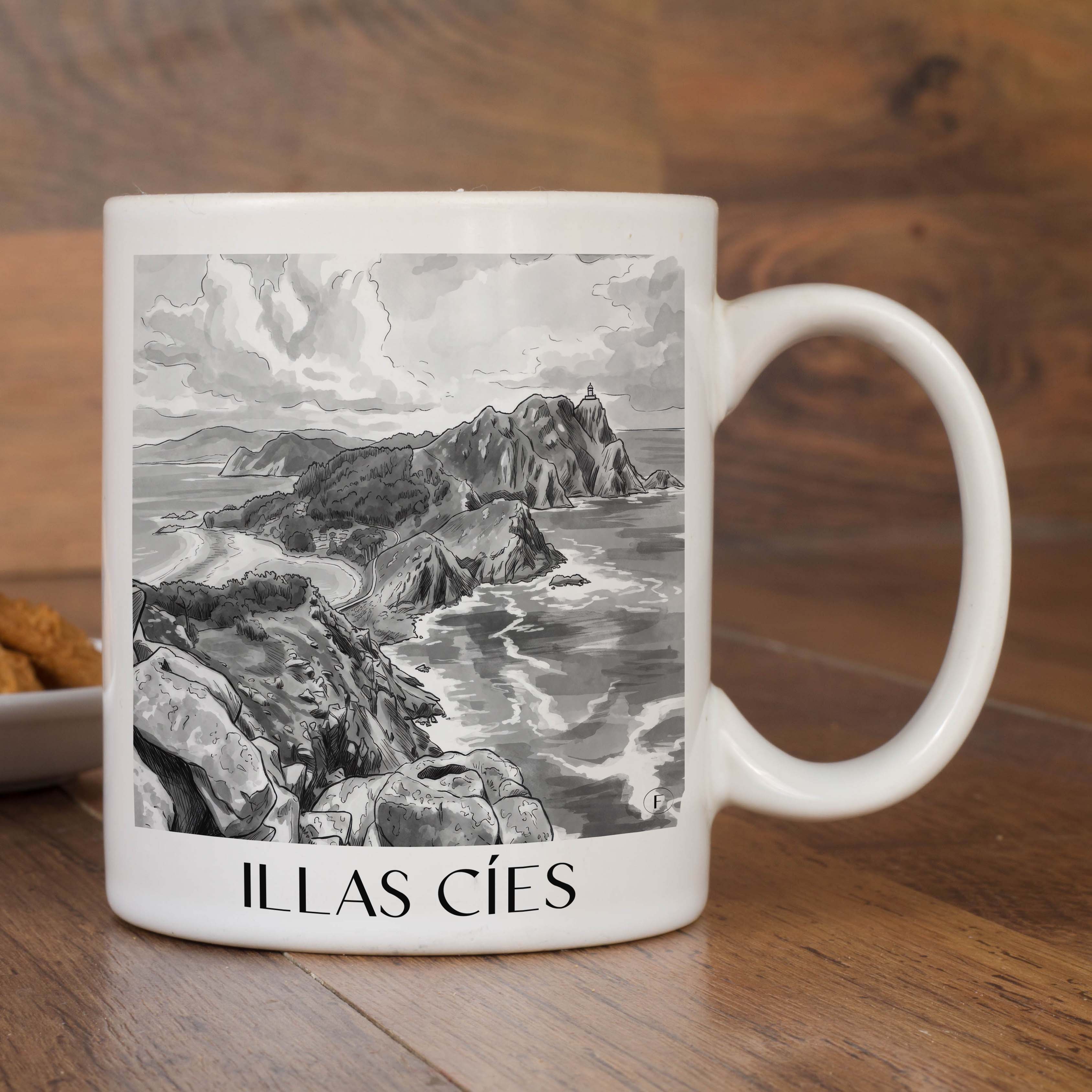 illas-cíes-spanien-spanien-kaffeebecher-aquarell-schwarz-weiss