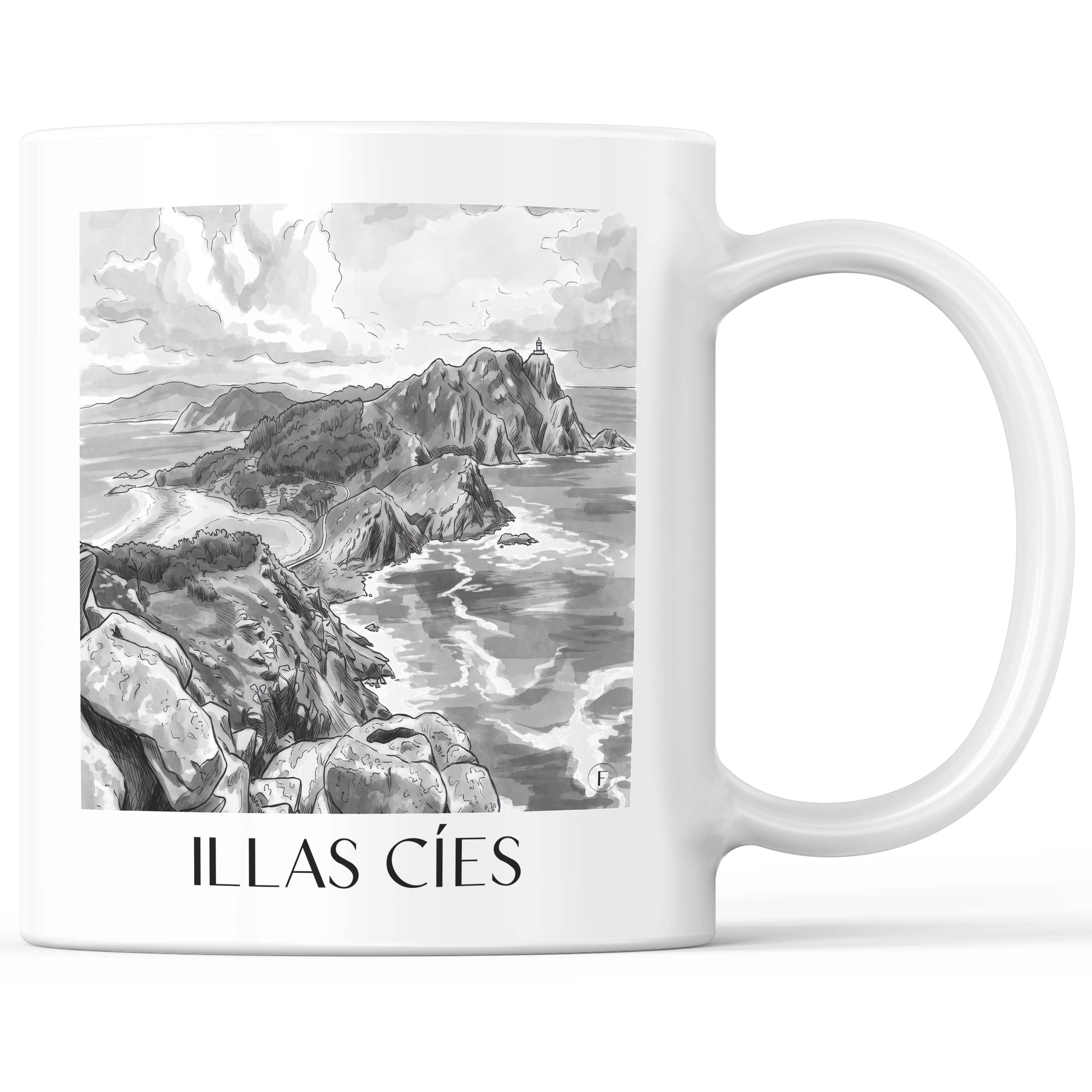 Illas Cíes Kaffeebecher - Spanien - Spanien Becher - Kaffeetasse im Aquarell Schwarz-Weiß Stil - favplace