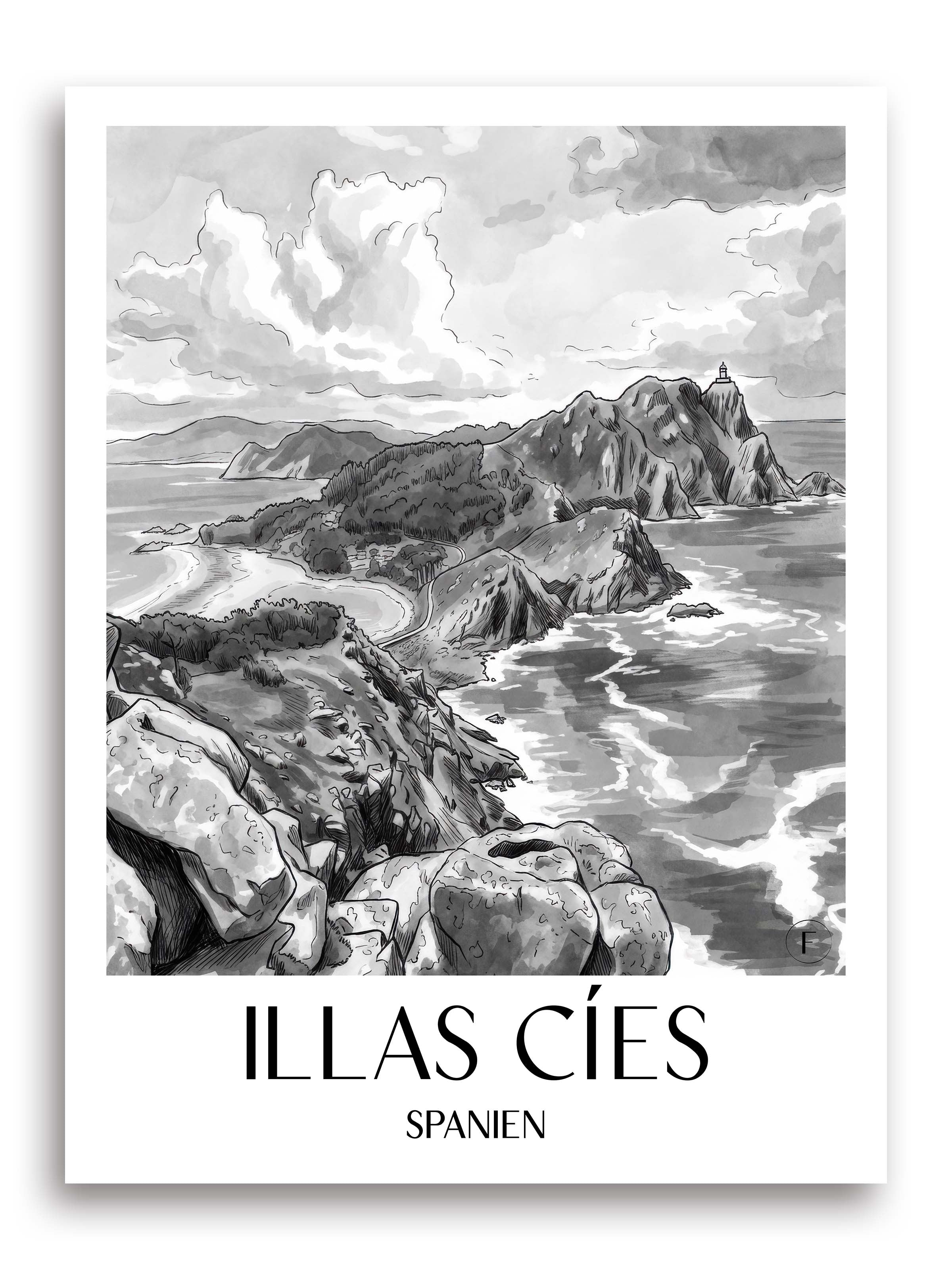 illas-cíes-spanien-spanien-poster-aquarell-schwarz-weiss