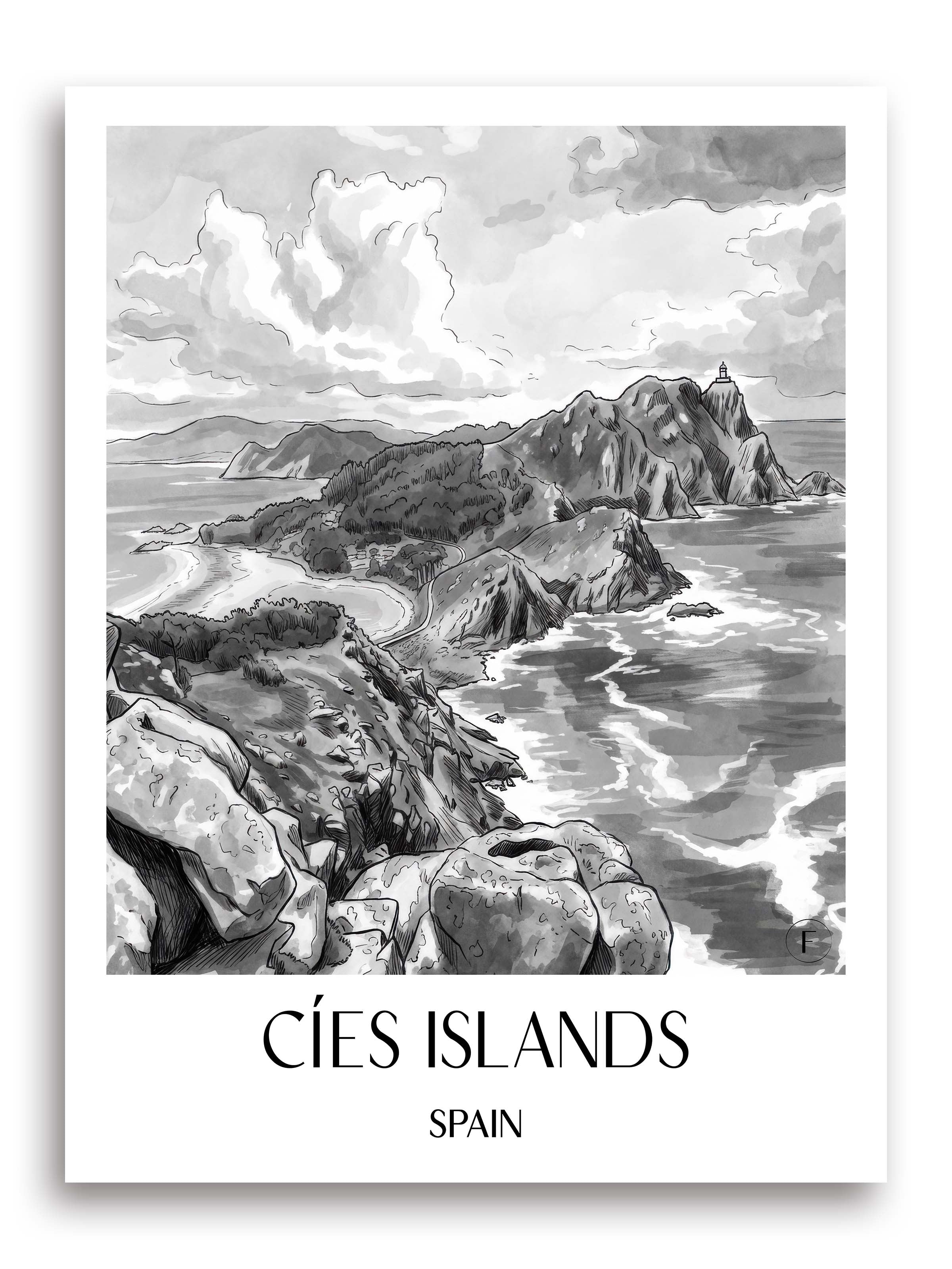 Illas Cíes Poster - Spanien - Spanien Kunstdruck - Aquarell Schwarz-Weiß von A4 bis A1 - favplace