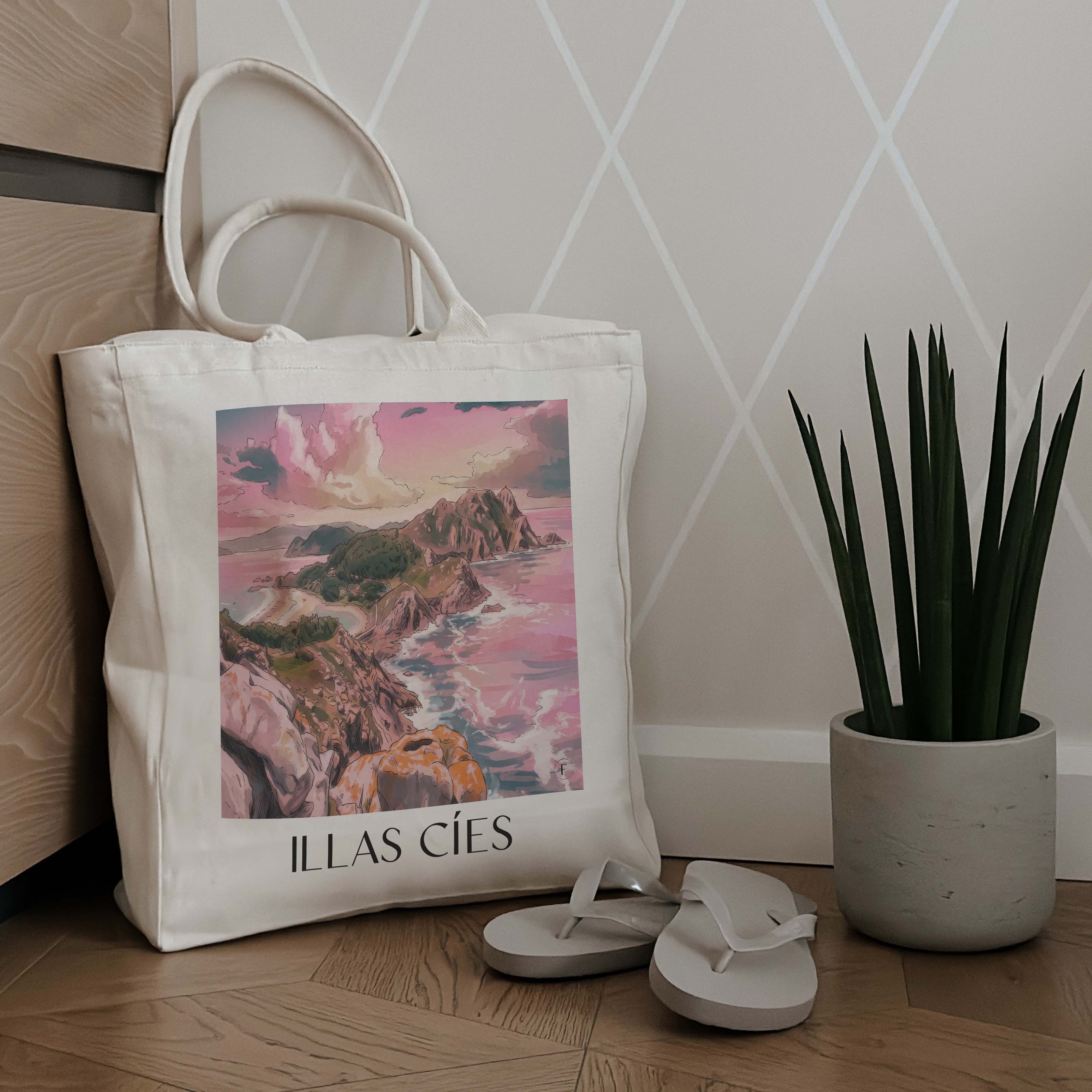 illas-cíes-spanien-spanien-einkaufstasche-aquarell-pink-rosa