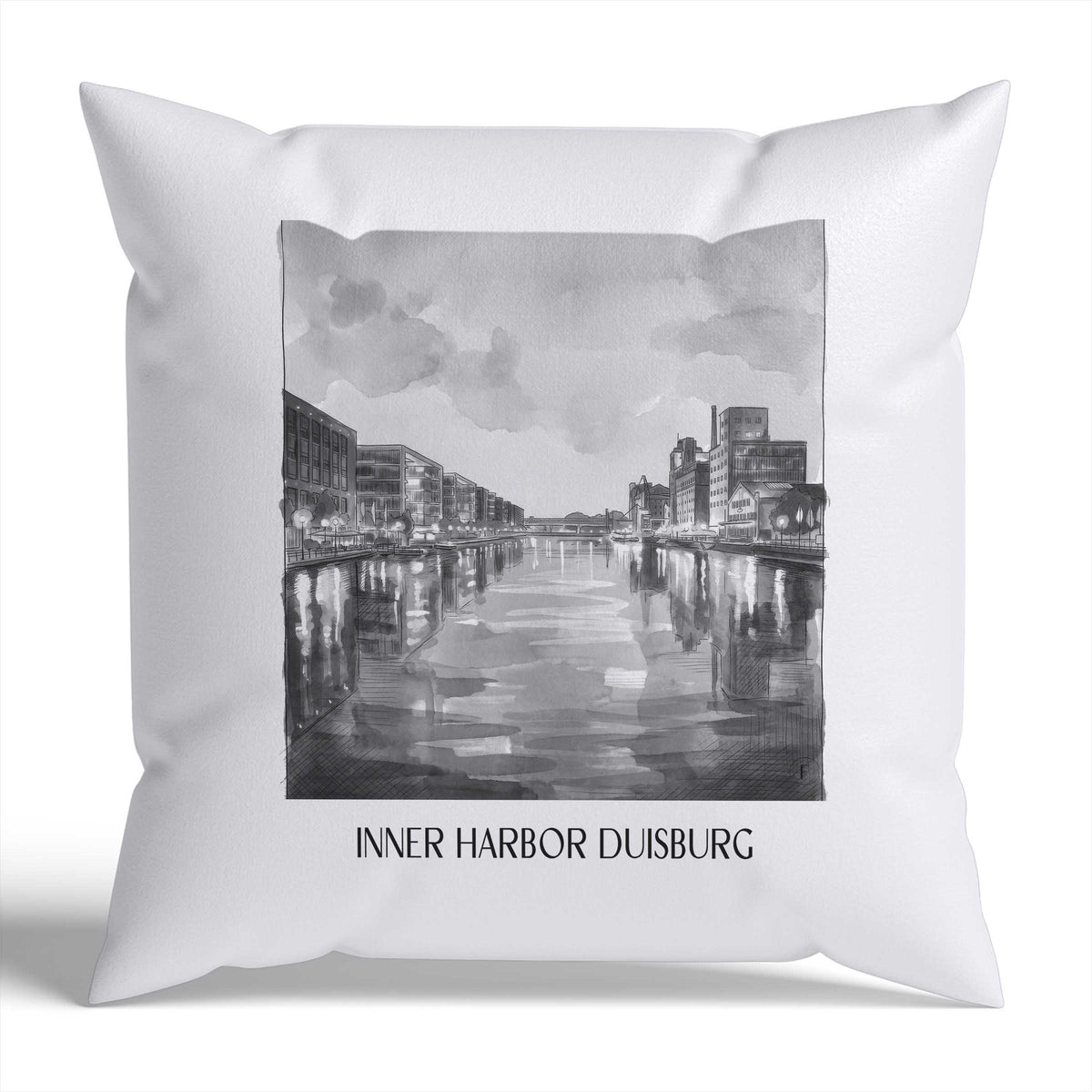 Innenhafen Kissenhülle - Zierkissen Bezug - Duisburg - Deutschland Kissen bzw. Kissenbezug im Aquarell Schwarz-Weiß Stil - favplace