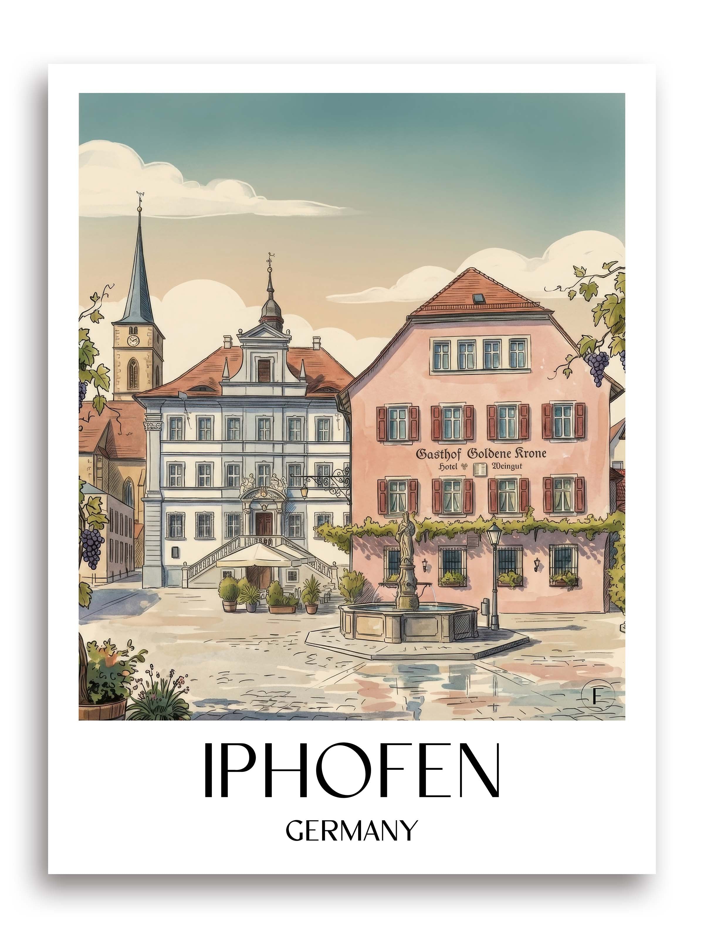 Iphofen Poster - - Deutschland Kunstdruck - Aquarell von A4 bis A1 - favplace