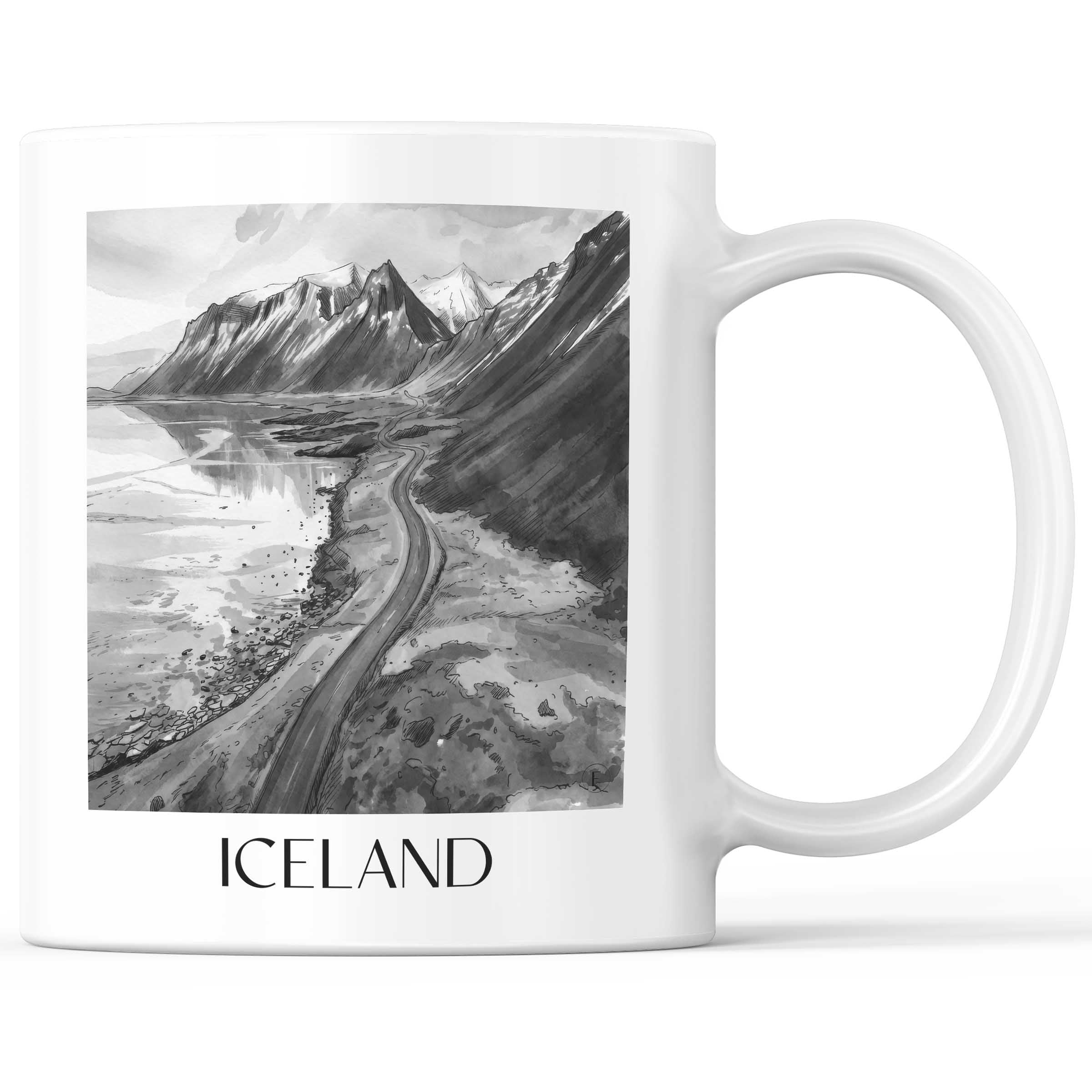 Island - Island Becher - Kaffeetasse im Aquarell Schwarz-Weiß Stil - favplace