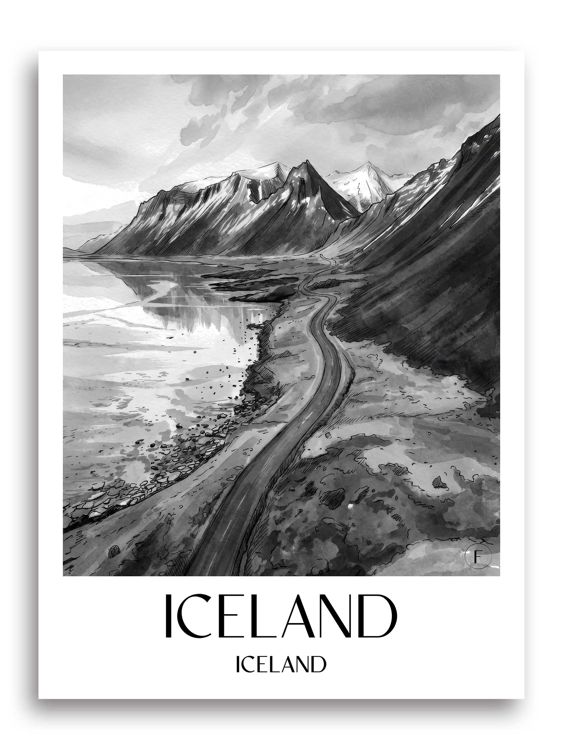 Island Poster - - Island Kunstdruck - Aquarell Schwarz-Weiß von A4 bis A1 - favplace