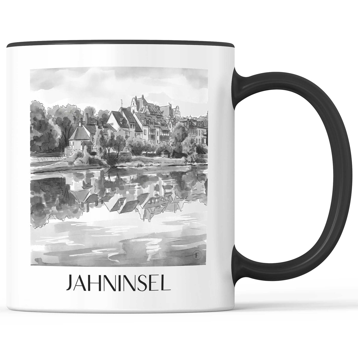 jahninsel-regensburg-deutschland-kaffeebecher-aquarell-schwarz-weiss