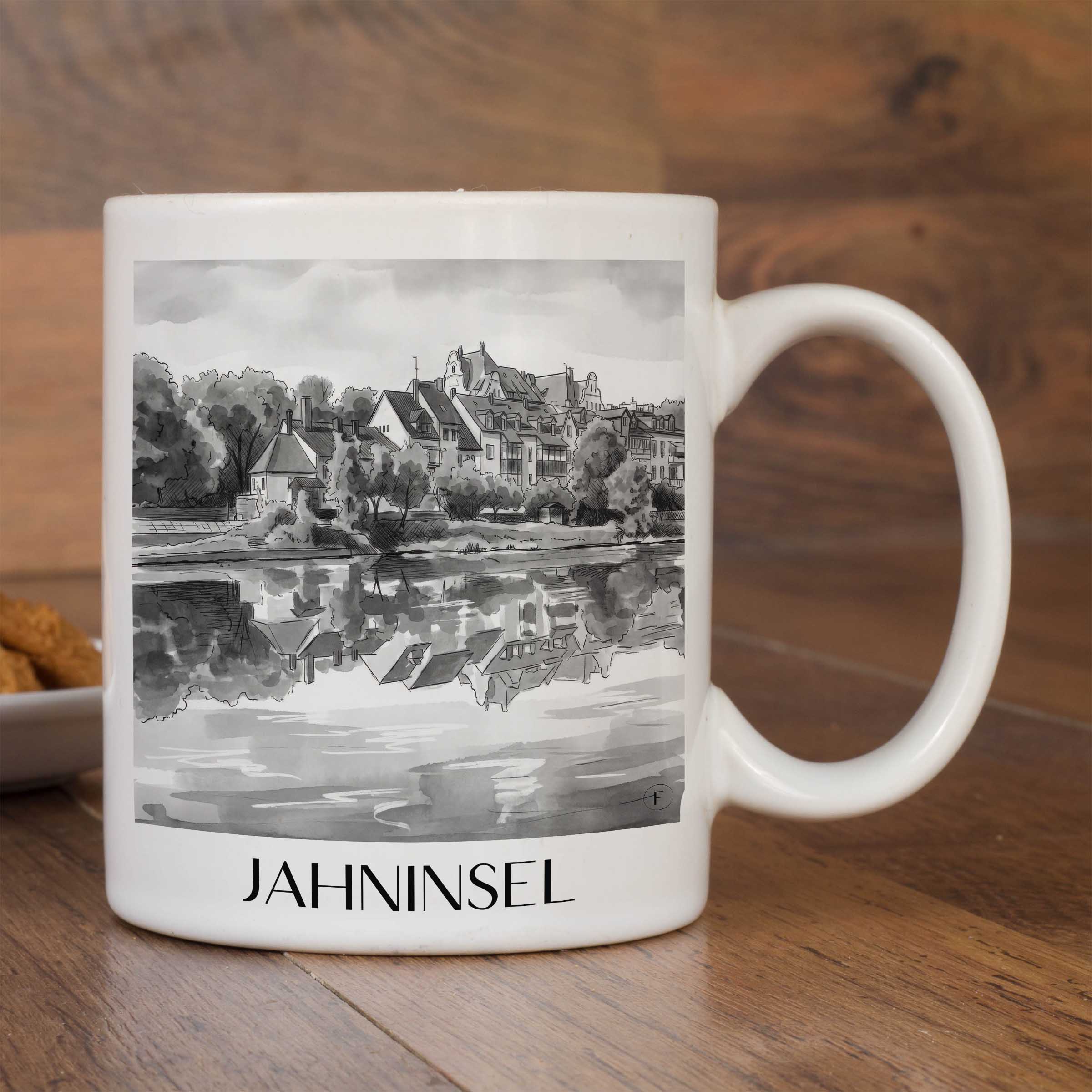 jahninsel-regensburg-deutschland-kaffeebecher-aquarell-schwarz-weiss