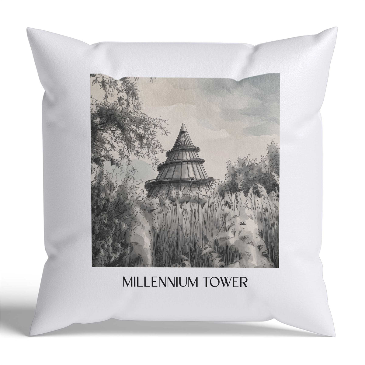 Jahrtausendturm Kissenhülle - Zierkissen Bezug - Magdeburg - Deutschland Kissen bzw. Kissenbezug im Aquarell Schwarz-Weiß Stil - favplace