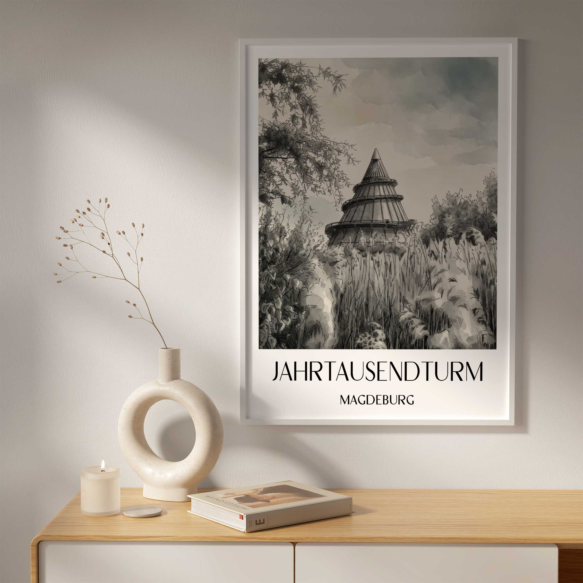 jahrtausendturm-magdeburg-deutschland-poster-aquarell-schwarz-weiss