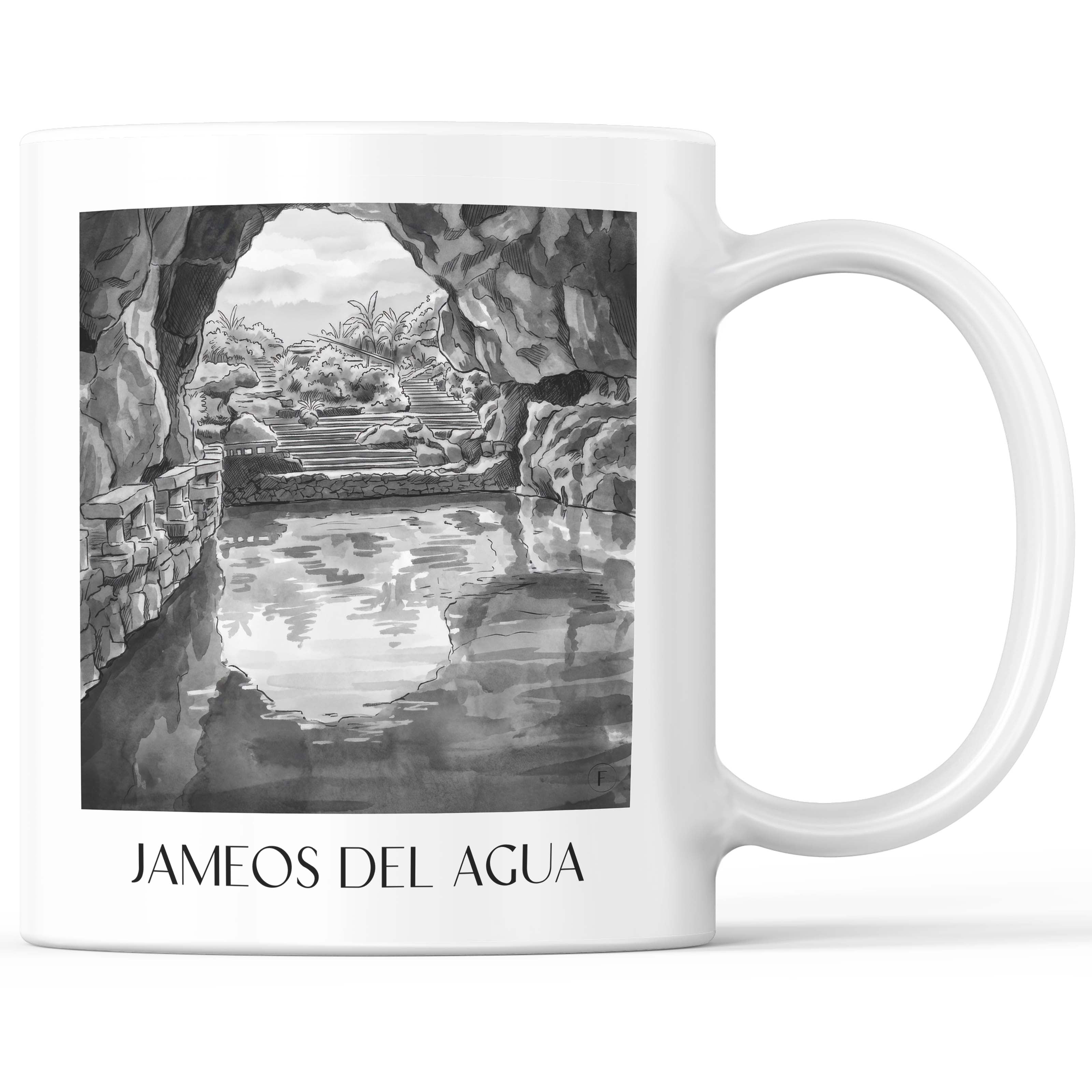 Jameos del Agua Kaffeebecher - Lanzarote - Spanien Becher - Kaffeetasse im Aquarell Schwarz-Weiß Stil - favplace