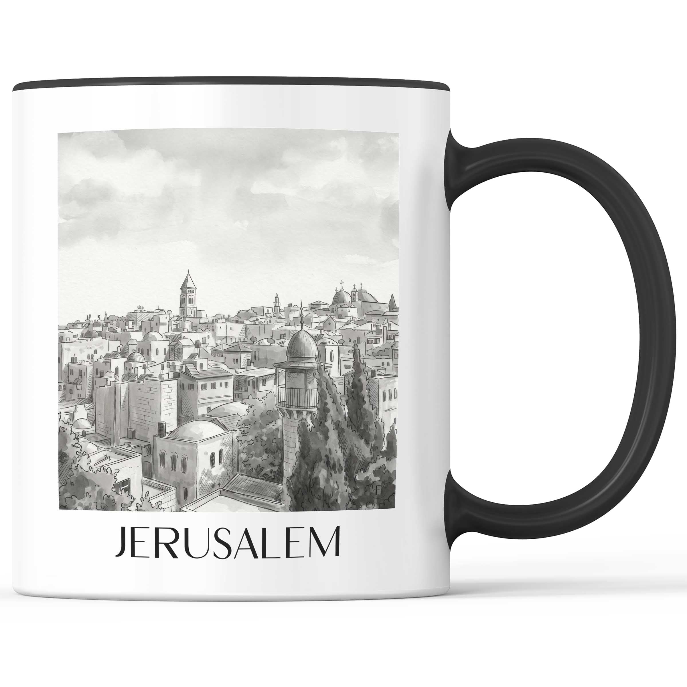 Jerusalem - Israel Becher - Kaffeetasse im Aquarell Schwarz-Weiß Stil - favplace