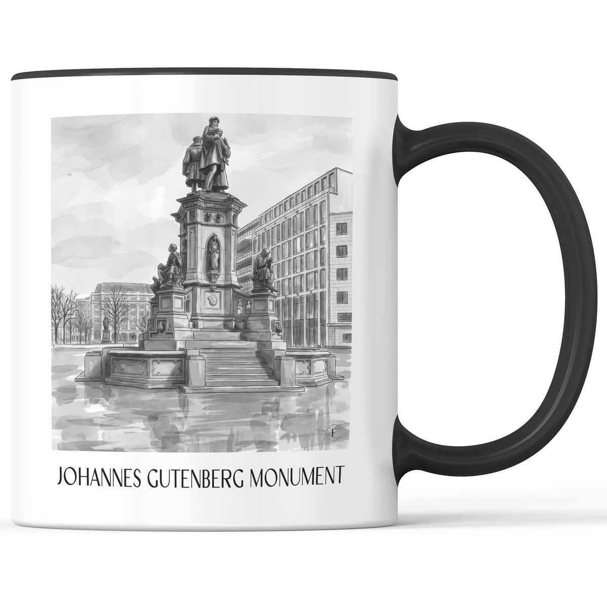 Johannes-Gutenberg-Denkmal Kaffeebecher - Frankfurt - Deutschland Becher - Kaffeetasse im Aquarell Schwarz-Weiß Stil - favplace