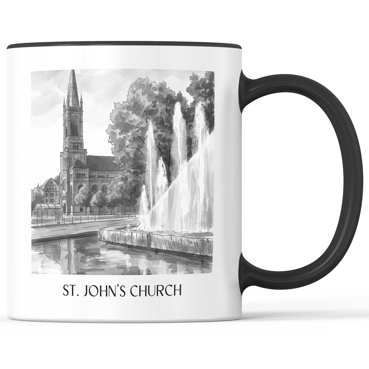 Johanneskirche Kaffeebecher - Düsseldorf - Deutschland Becher - Kaffeetasse im Aquarell Schwarz-Weiß Stil - favplace