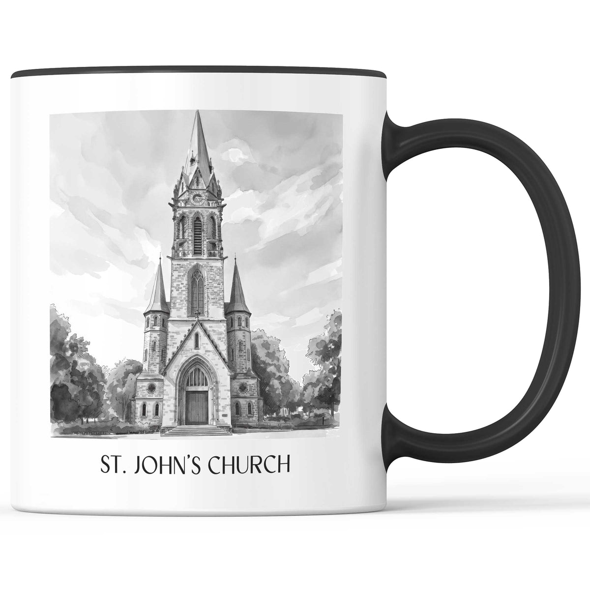 Johanneskirche Kaffeebecher - Darmstadt - Deutschland Becher - Kaffeetasse im Aquarell Schwarz-Weiß Stil - favplace