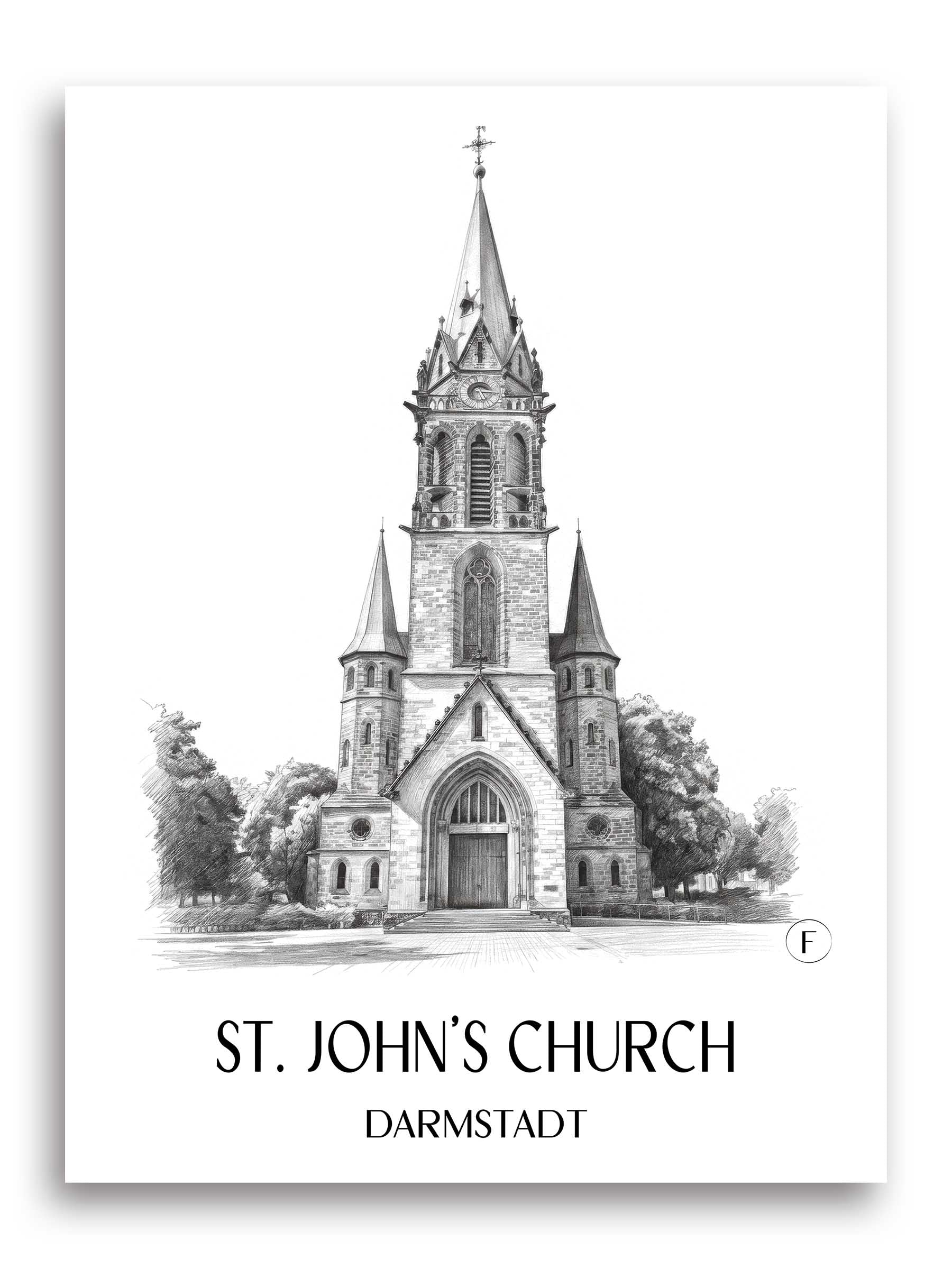 Johanneskirche Poster - Darmstadt - Deutschland Kunstdruck - Zeichnung von A4 bis A1