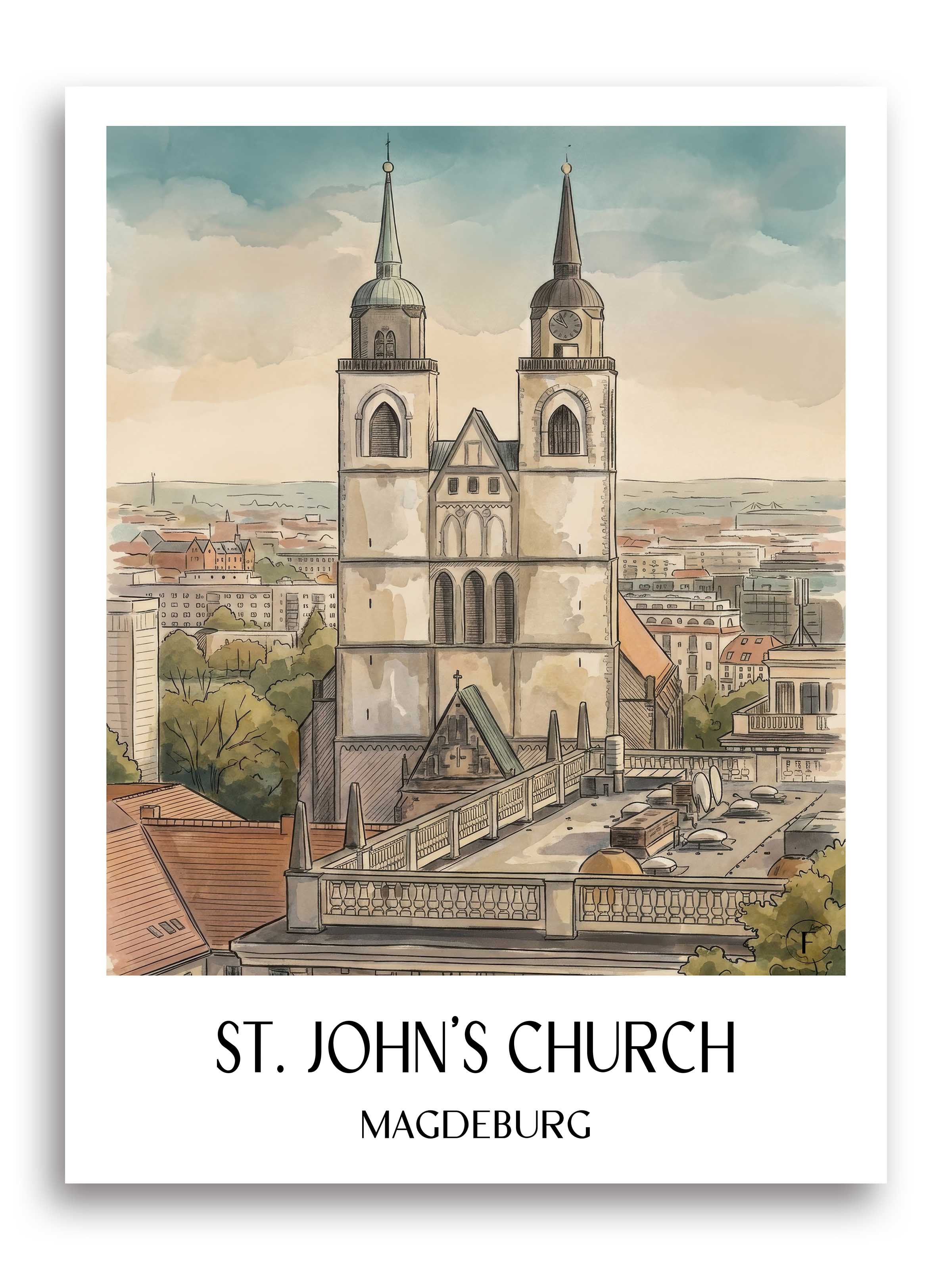 Johanniskirche Poster - Magdeburg - Deutschland Kunstdruck - Aquarell von A4 bis A1 - favplace