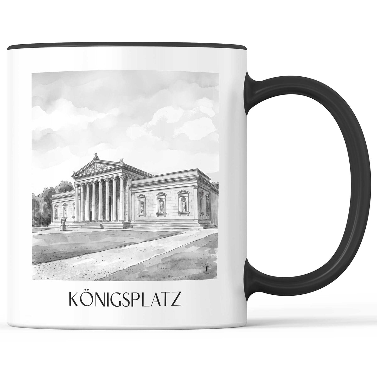 königsplatz-münchen-deutschland-kaffeebecher-aquarell-schwarz-weiss