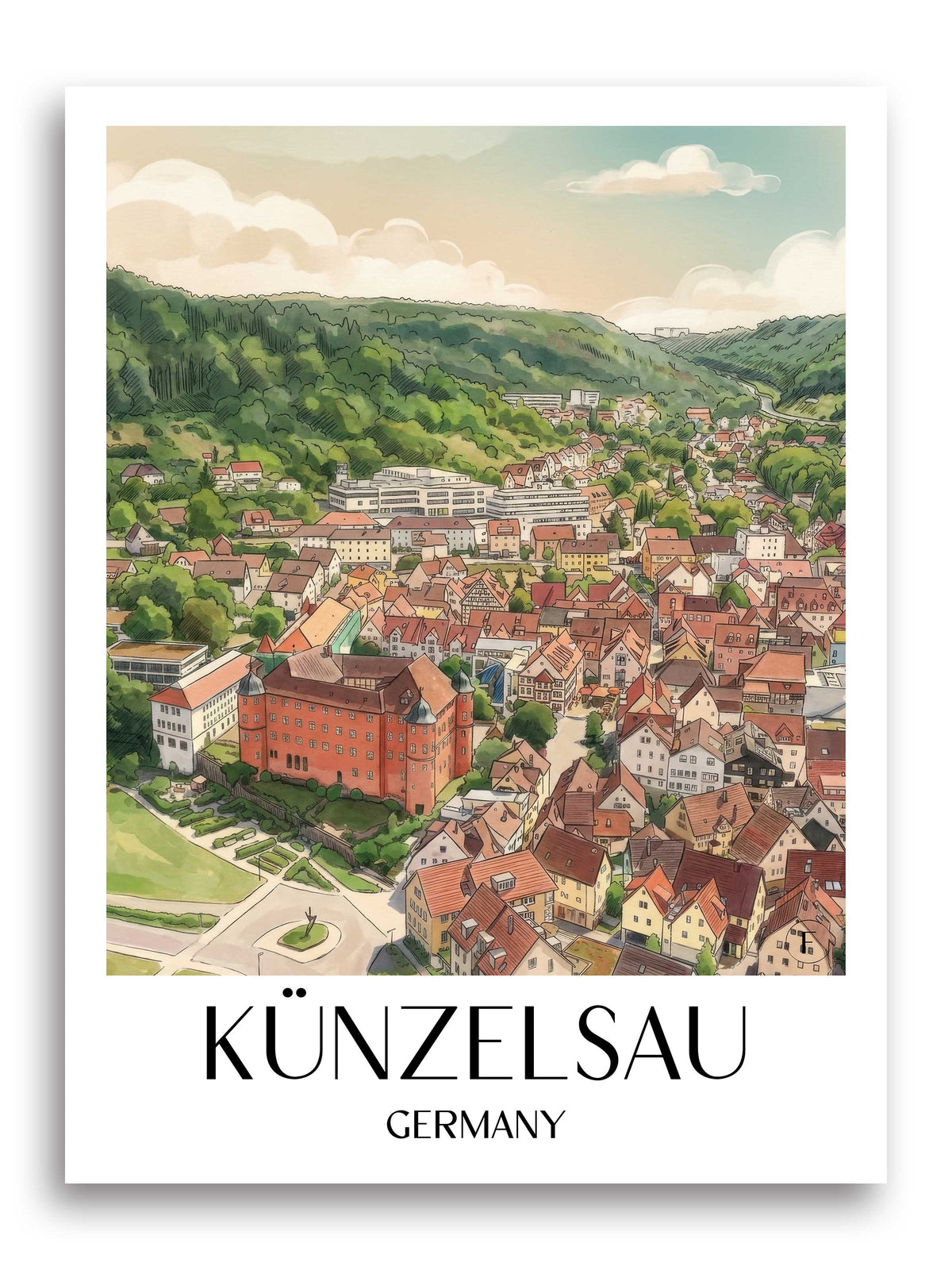 Künzelsau Poster - Hohenlohe - Deutschland Kunstdruck - Aquarell von A4 bis A1 - favplace