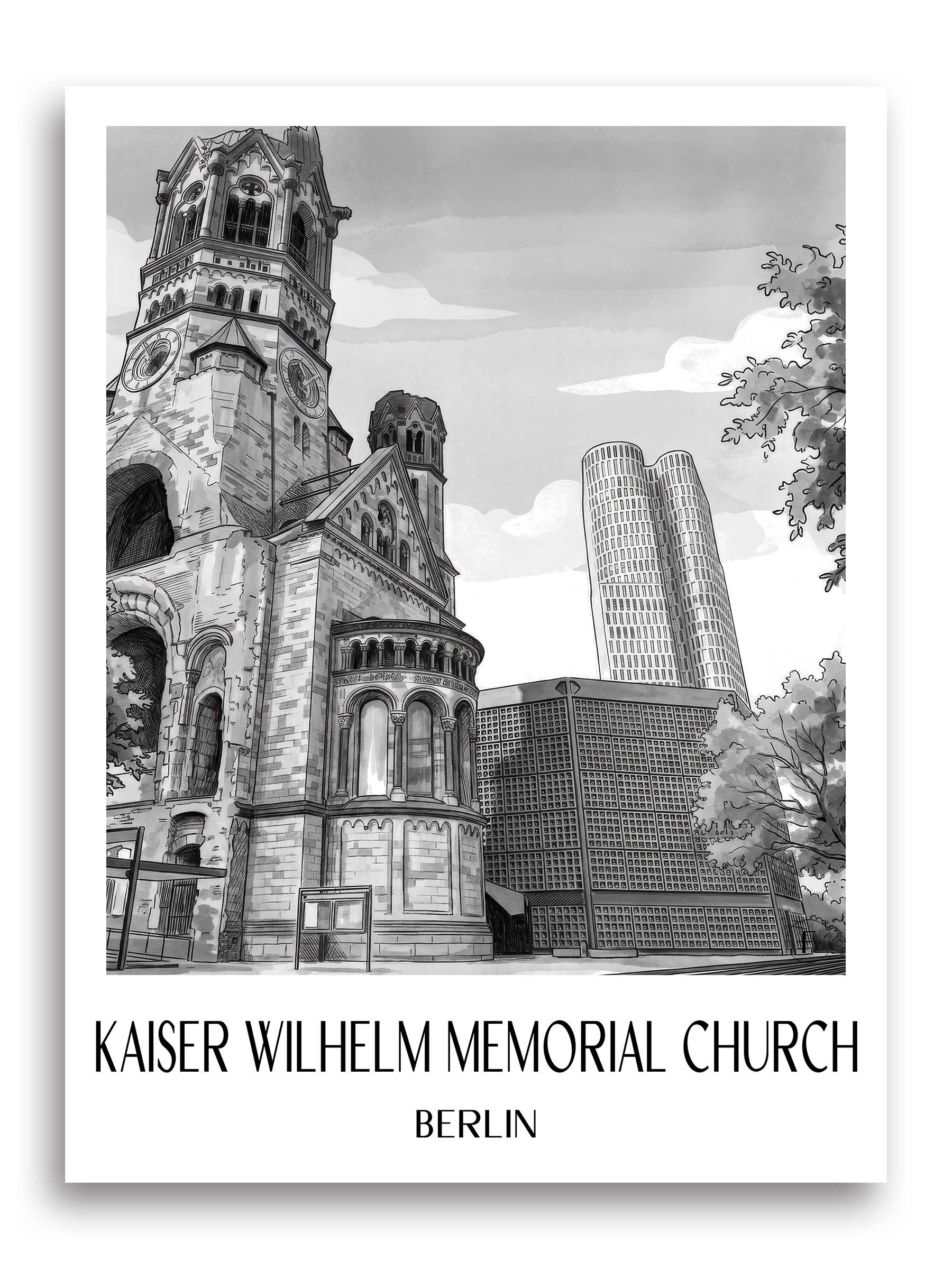 Kaiser Wilhelm Gedächtniskirche Poster - Berlin - Deutschland Kunstdruck - Aquarell Schwarz-Weiß von A4 bis A1 - favplace