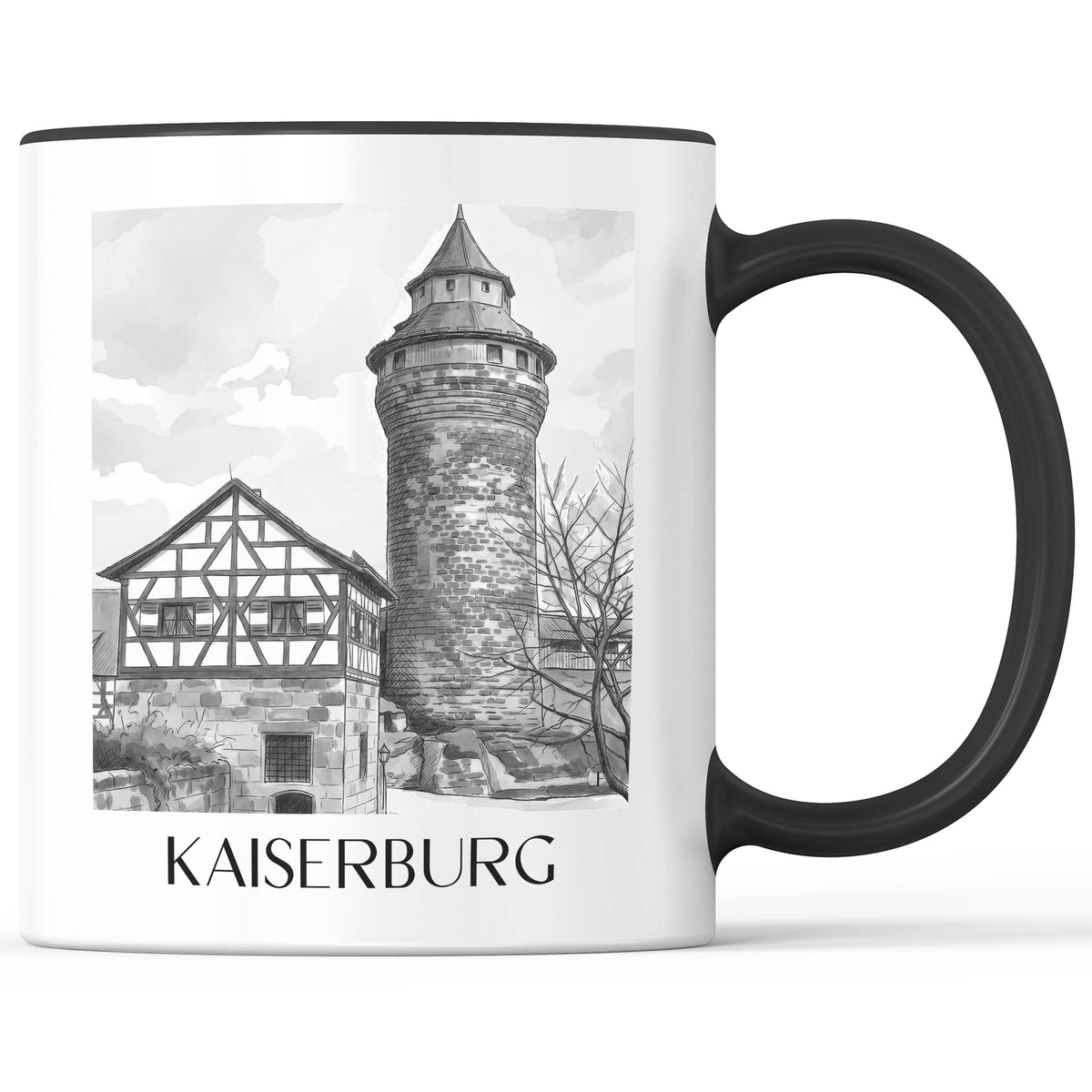 kaiserburg-nürnberg-deutschland-kaffeebecher-aquarell-schwarz-weiss