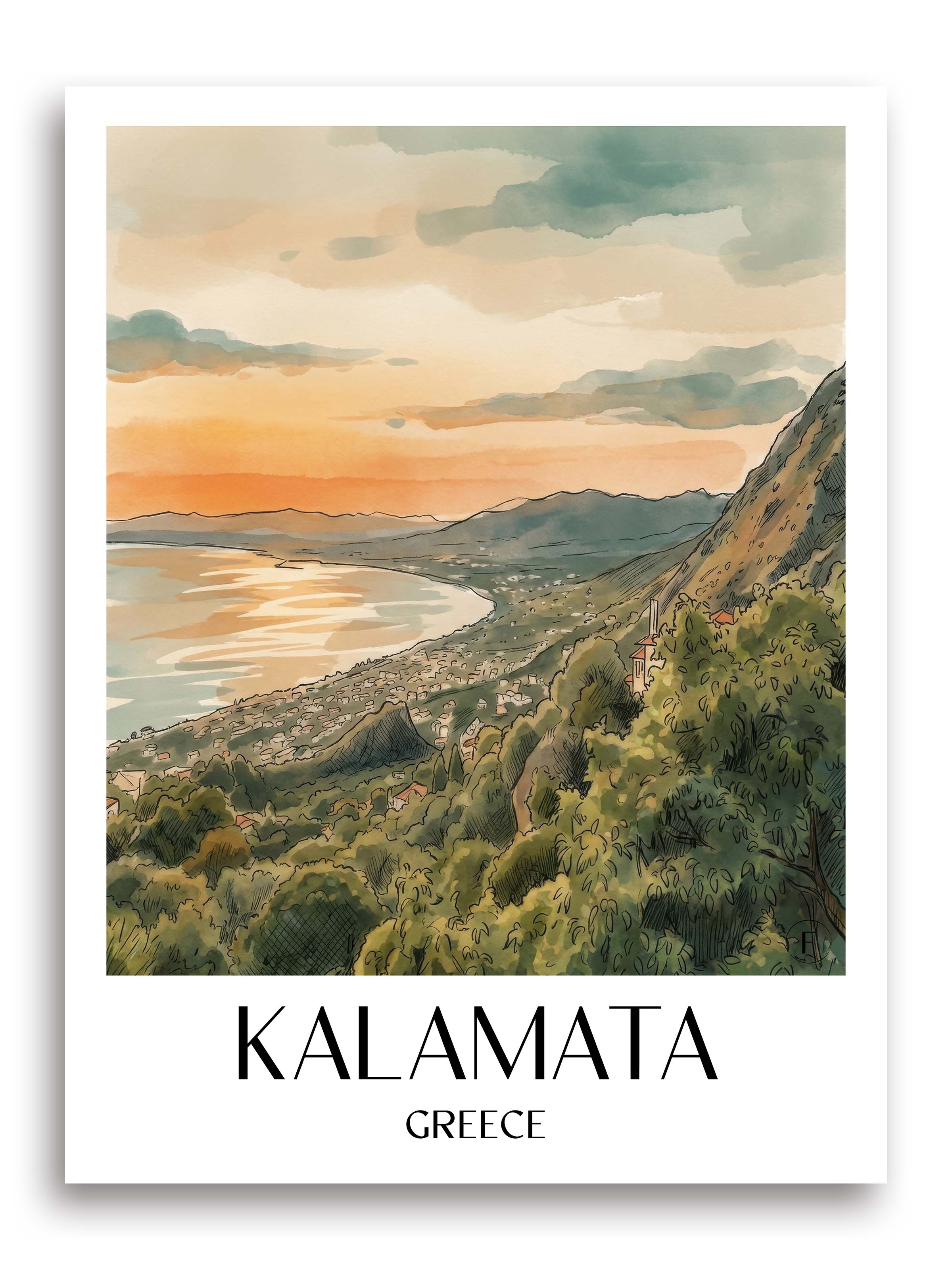 Kalamata Poster - Griechenland Kunstdruck - Aquarell von A4 bis A1 - favplace