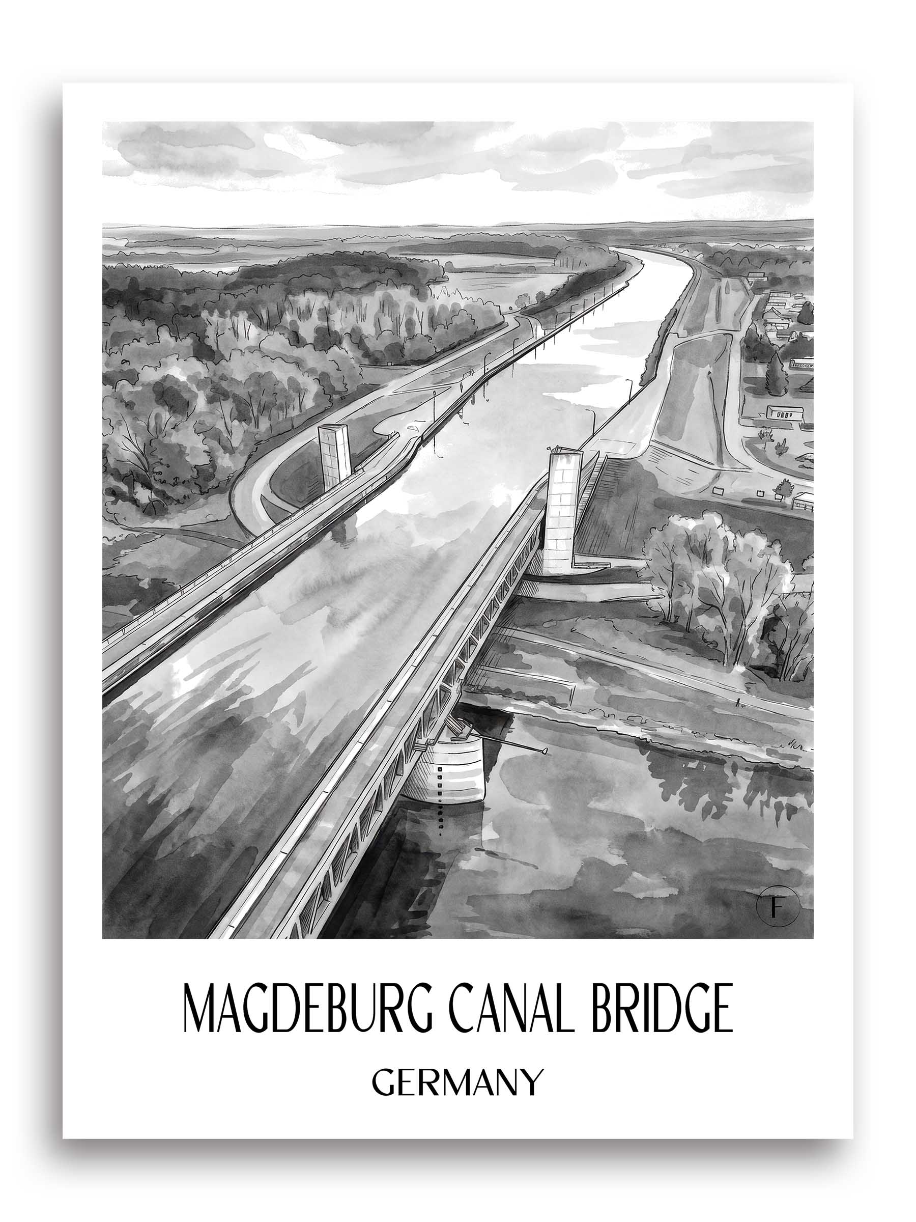 Kanalbrücke Magdeburg Poster - Sachsen-Anhalt - Deutschland Kunstdruck - Aquarell Schwarz-Weiß von A4 bis A1 - favplace