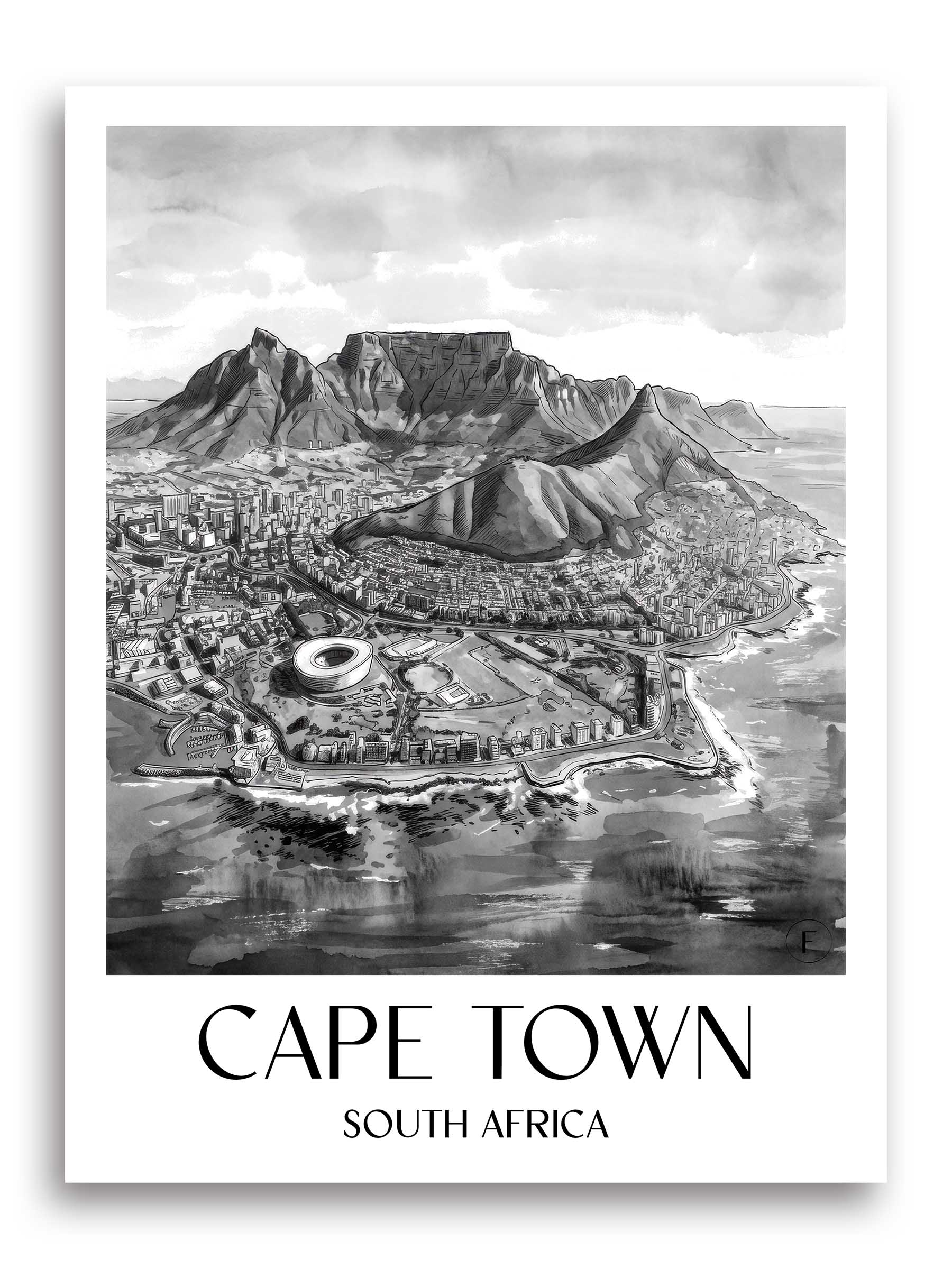 Kapstadt Poster - - Südafrika Kunstdruck - Aquarell Schwarz-Weiß von A4 bis A1 - favplace