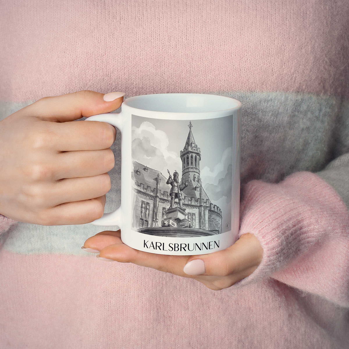 karlsbrunnen-aachen-deutschland-kaffeebecher-aquarell-schwarz-weiss