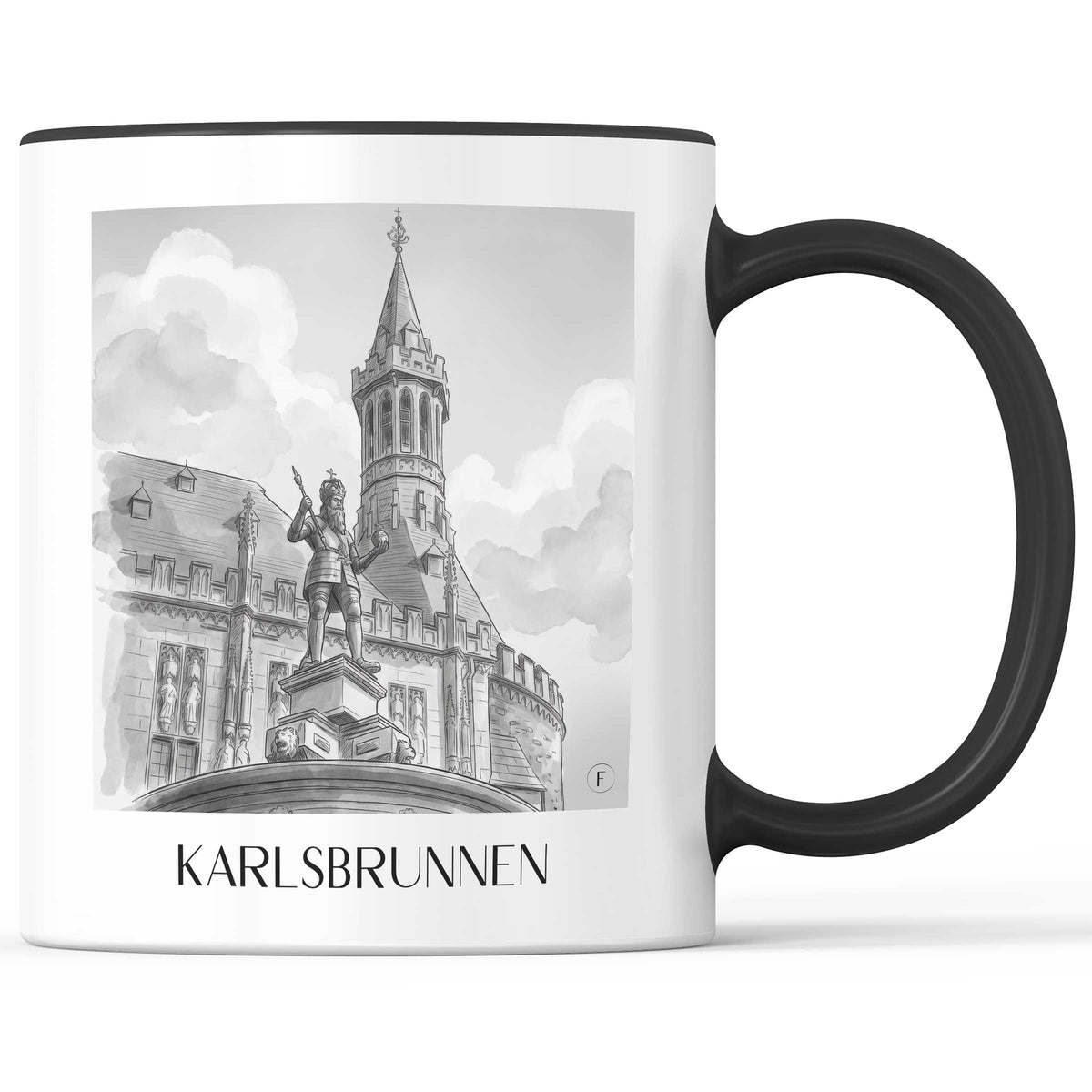Karlsbrunnen Kaffeebecher - Aachen - Deutschland Becher - Kaffeetasse im Aquarell Schwarz-Weiß Stil - favplace