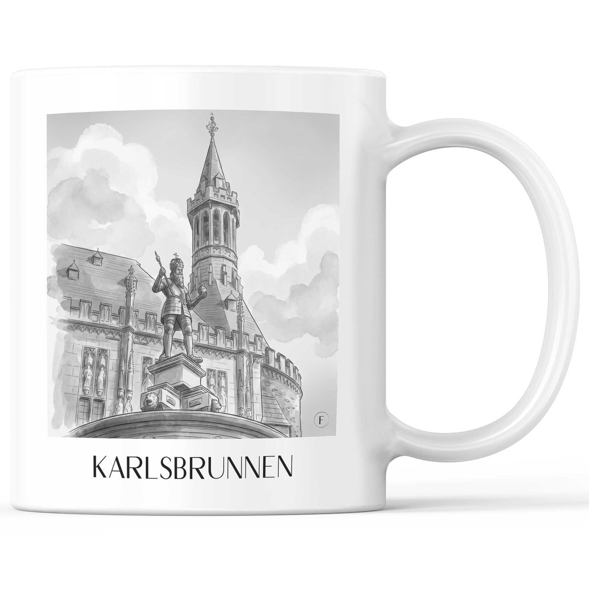 Karlsbrunnen Kaffeebecher - Aachen - Deutschland Becher - Kaffeetasse im Aquarell Schwarz-Weiß Stil - favplace