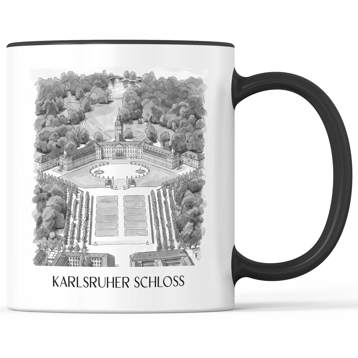 karlsruher-schloss-baden-württemberg-deutschland-kaffeebecher-aquarell-schwarz-weiss