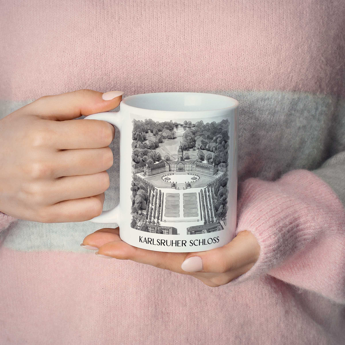 karlsruher-schloss-baden-württemberg-deutschland-kaffeebecher-aquarell-schwarz-weiss