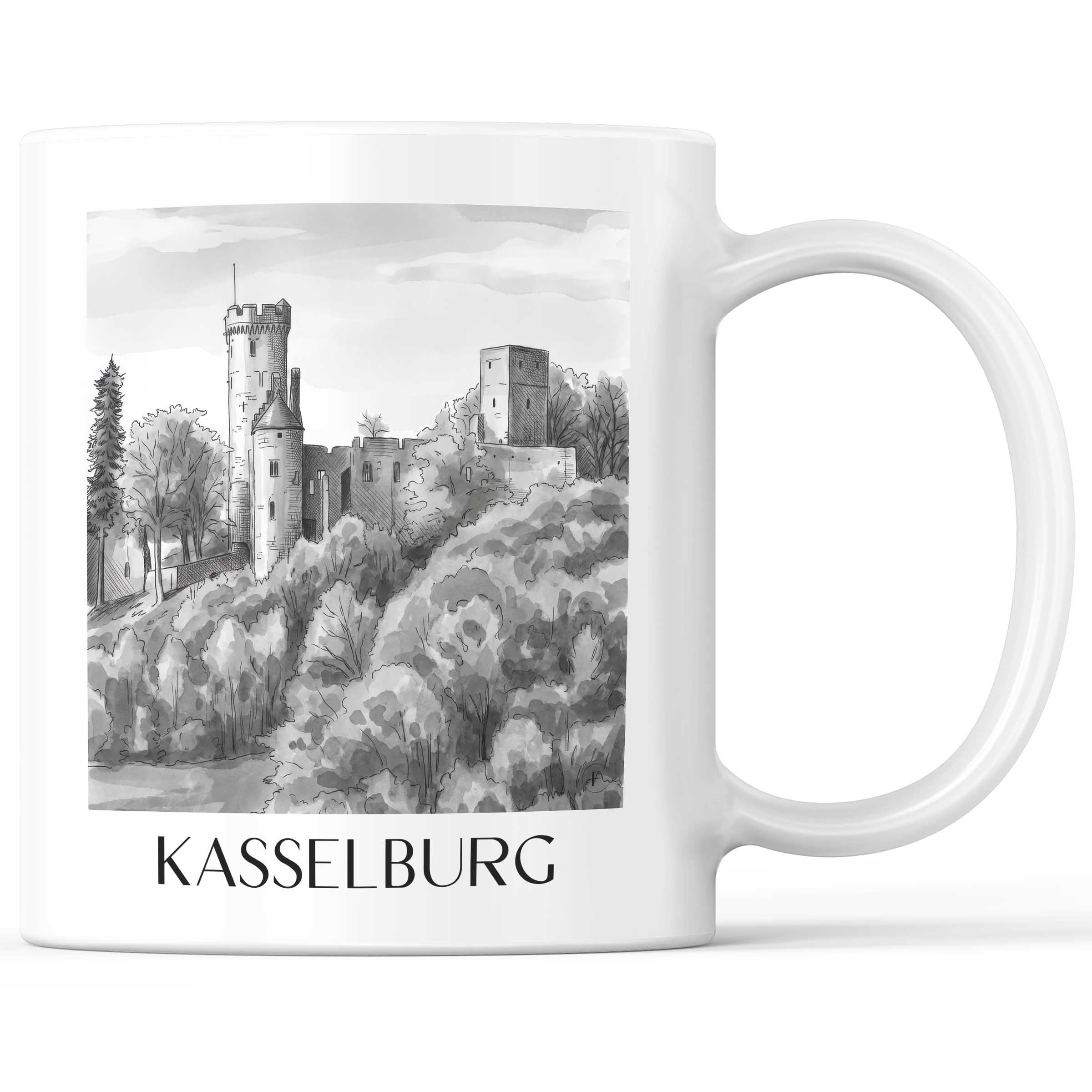 Kasselburg Kaffeebecher - Eifel - Deutschland Becher - Kaffeetasse im Aquarell Schwarz-Weiß Stil - favplace