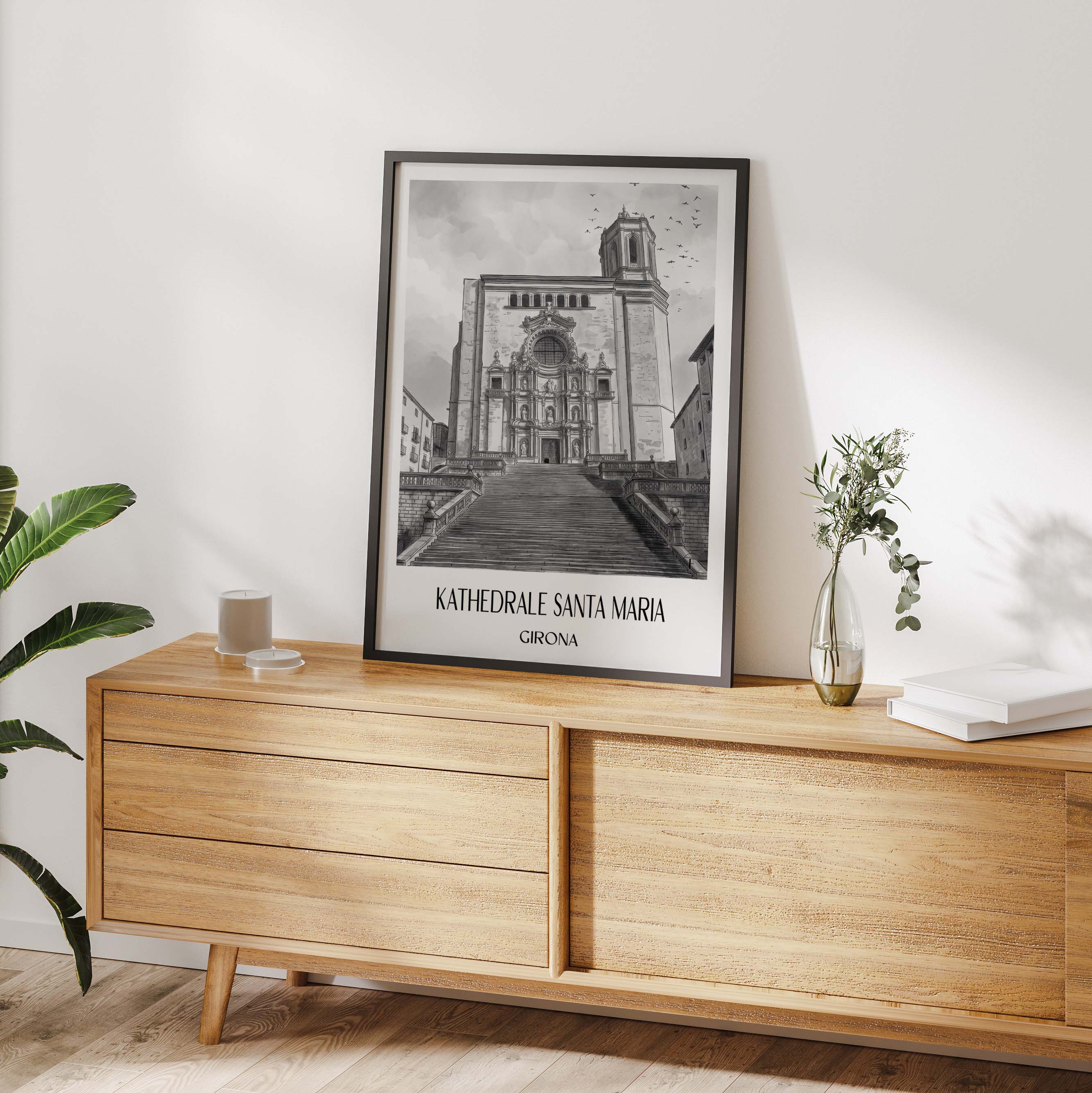 kathedrale-von-girona-spanien-spanien-poster-aquarell-schwarz-weiss