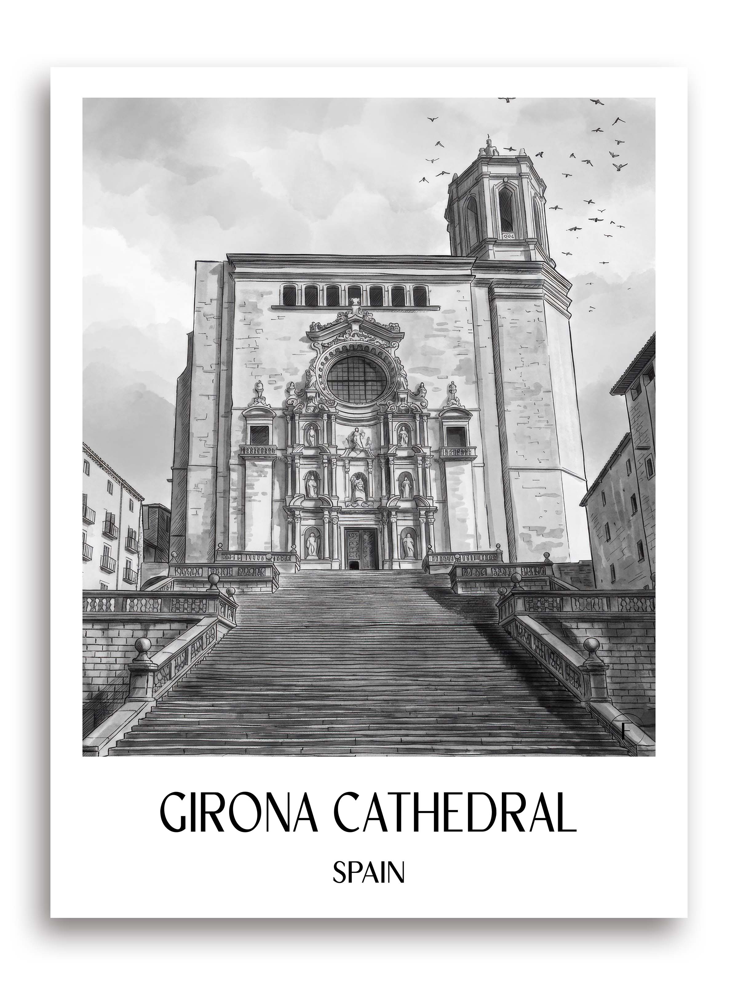 Kathedrale von Girona Poster - Spanien - Spanien Kunstdruck - Aquarell Schwarz-Weiß von A4 bis A1 - favplace