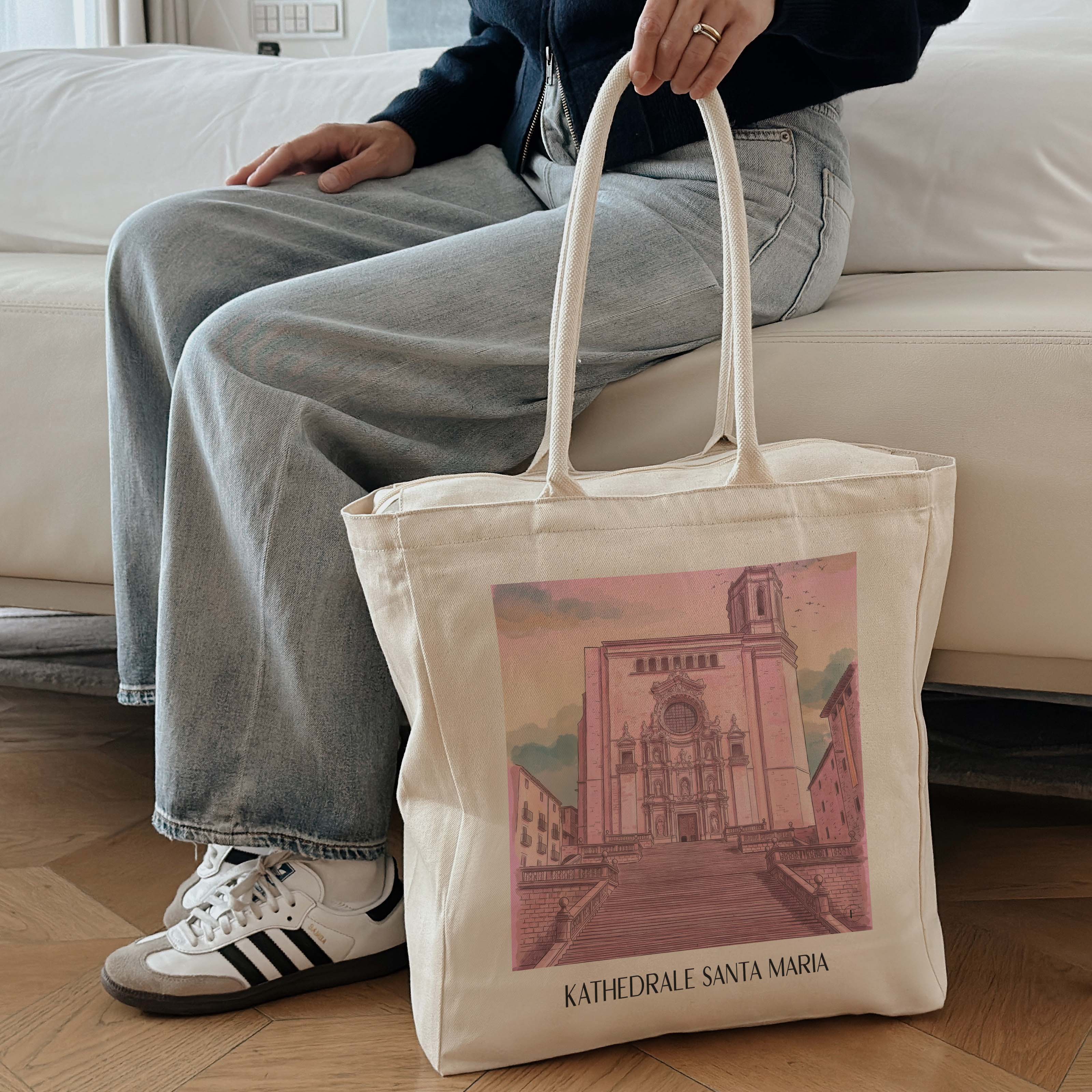 kathedrale-von-girona-spanien-spanien-einkaufstasche-aquarell-pink-rosa