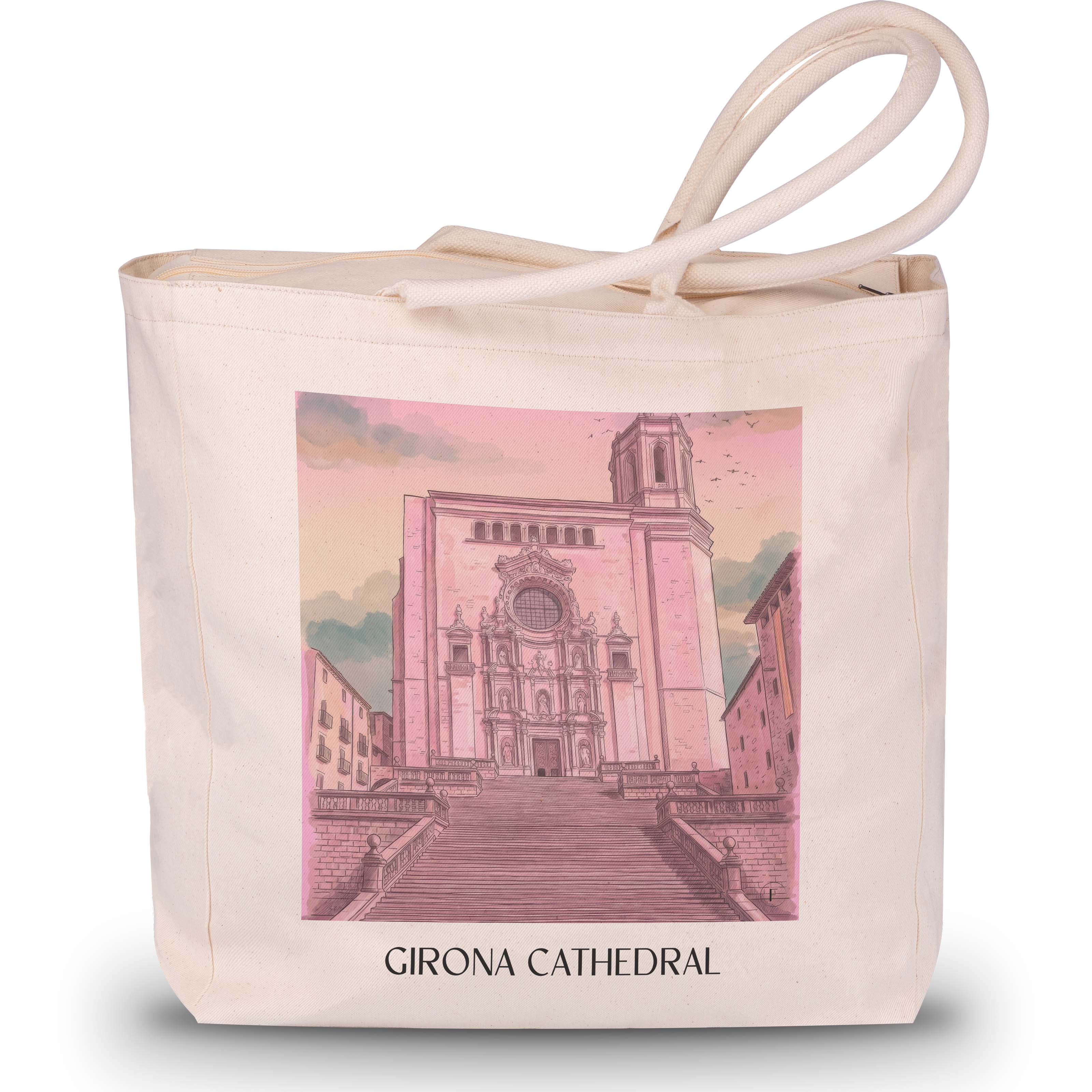Kathedrale von Girona Shopping Tasche - Spanien - Spanien Tote Bag - Einkaufstasche im Aquarell Pink Stil - favplace