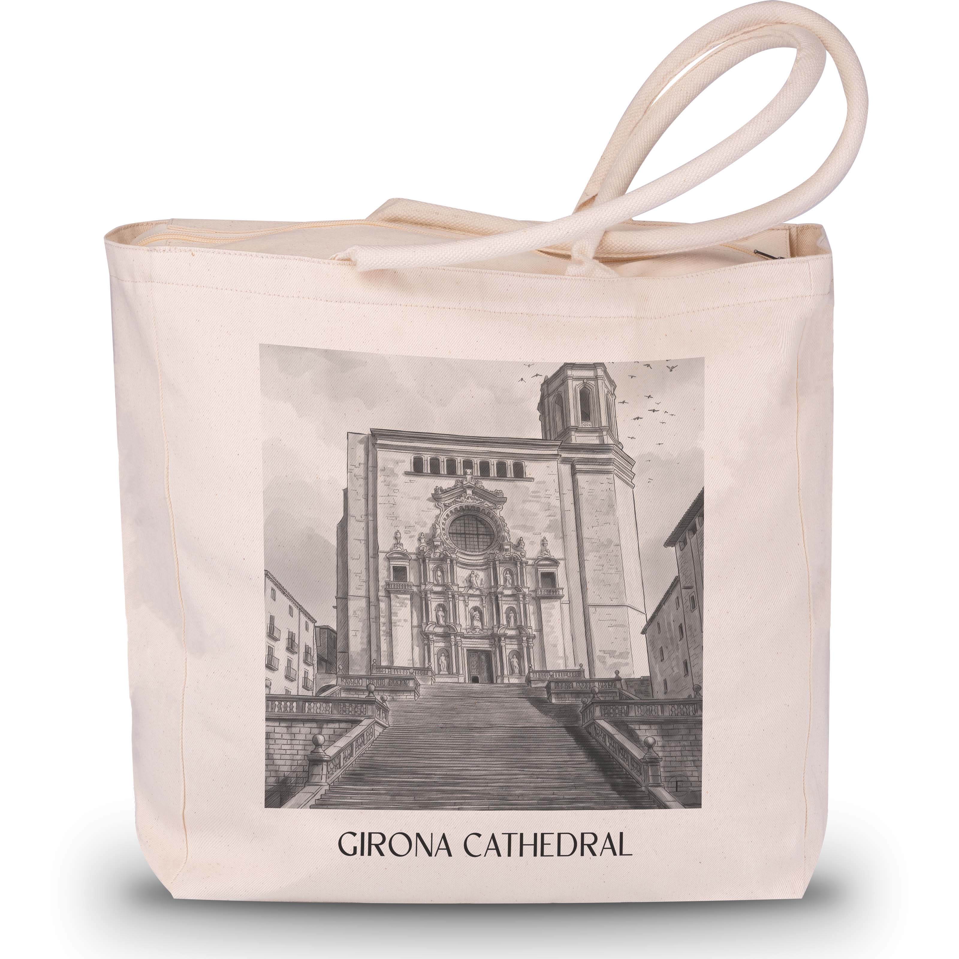 Kathedrale von Girona Shopping Tasche - Spanien - Spanien Tote Bag - Einkaufstasche im Aquarell Schwarz-Weiß Stil - favplace