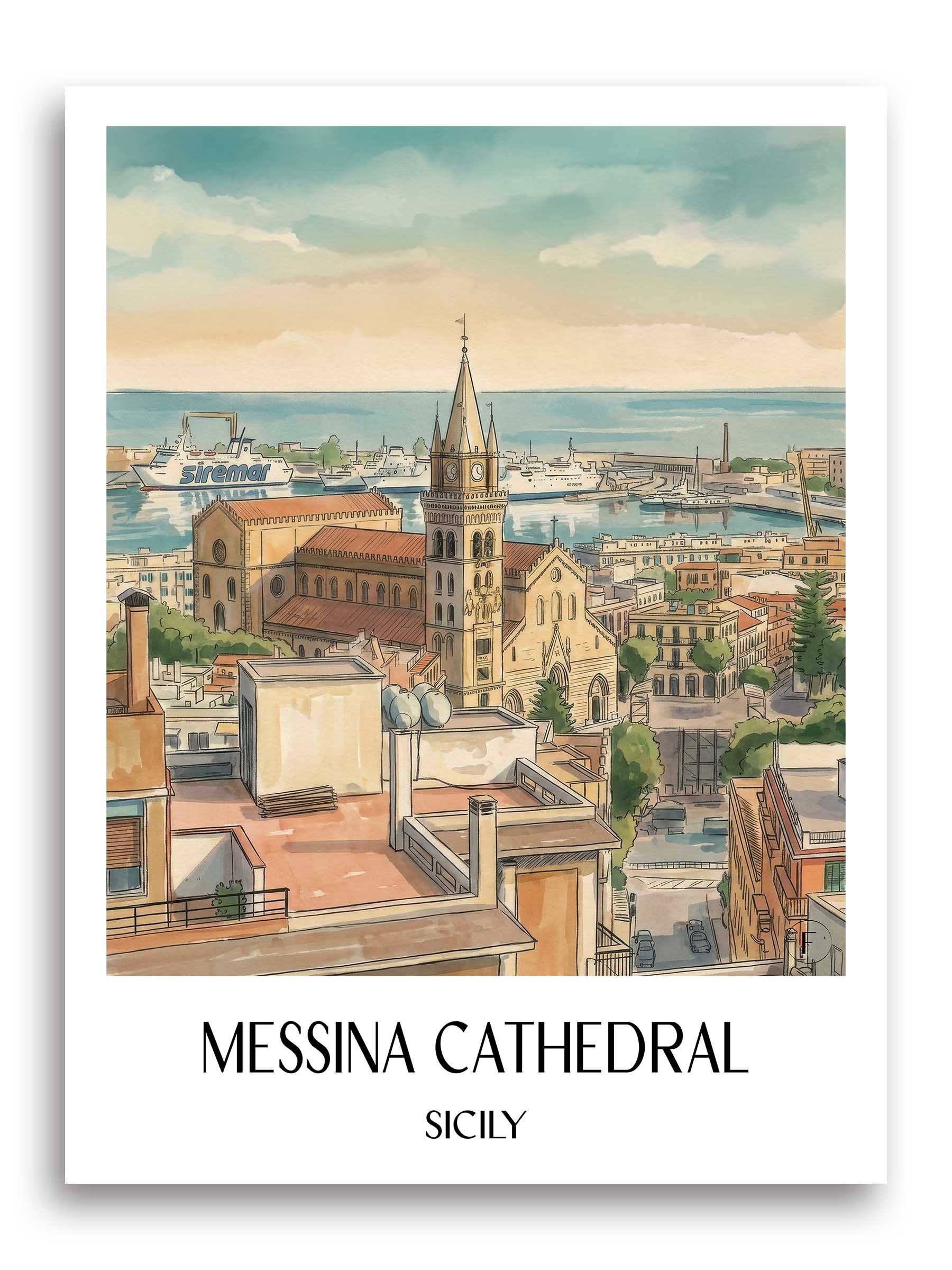 Kathedrale von Messina Poster - Sizilien - Italien Kunstdruck - Aquarell von A4 bis A1 - favplace
