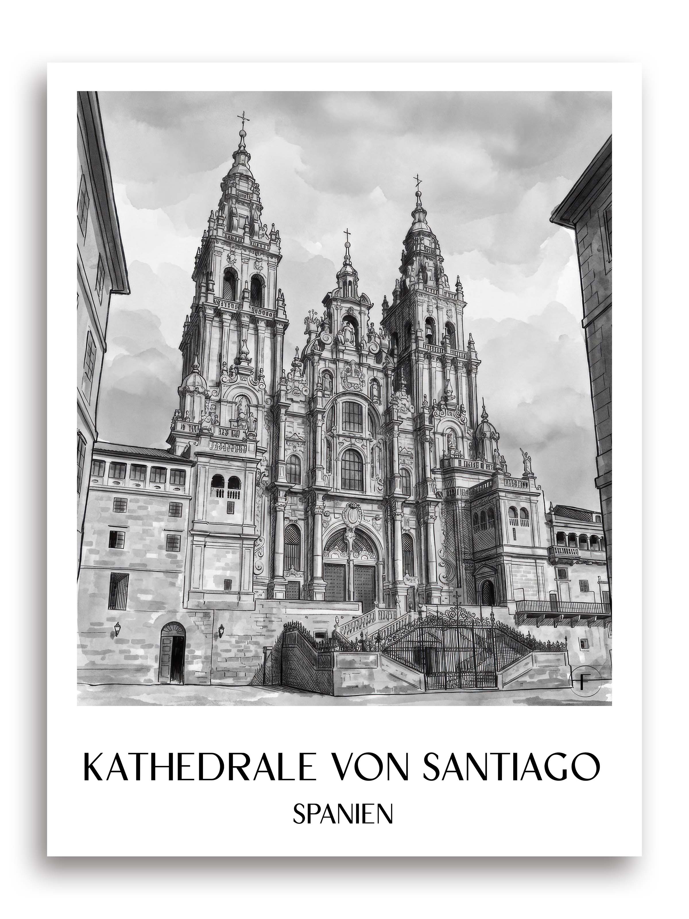 kathedrale-von-santiago-spanien-spanien-poster-aquarell-schwarz-weiss