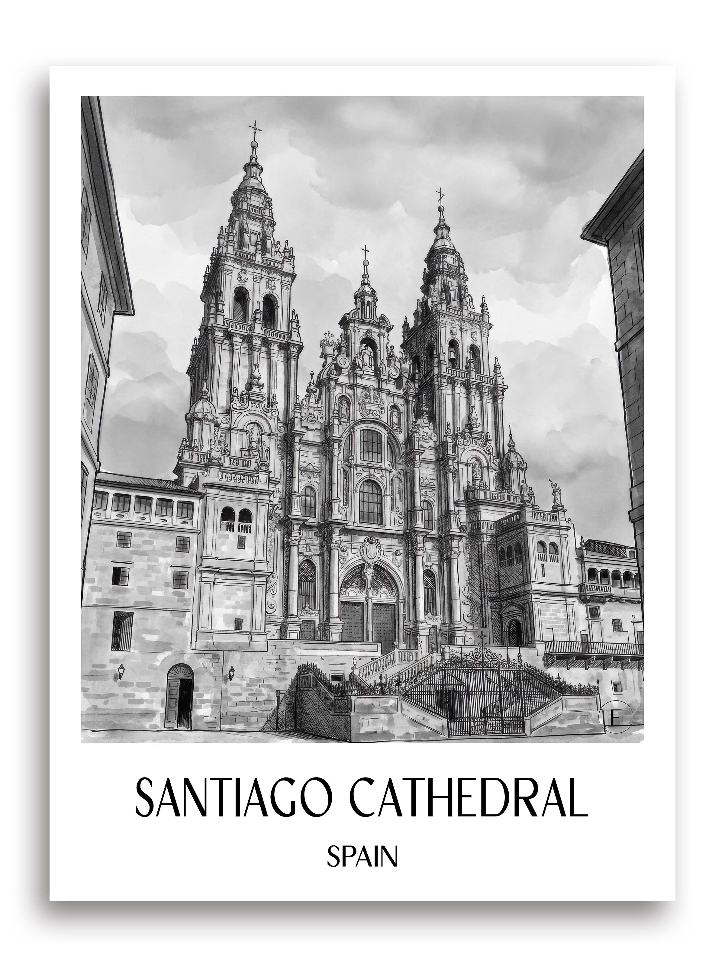 Kathedrale von Santiago Poster - Spanien - Spanien Kunstdruck - Aquarell Schwarz-Weiß von A4 bis A1 - favplace